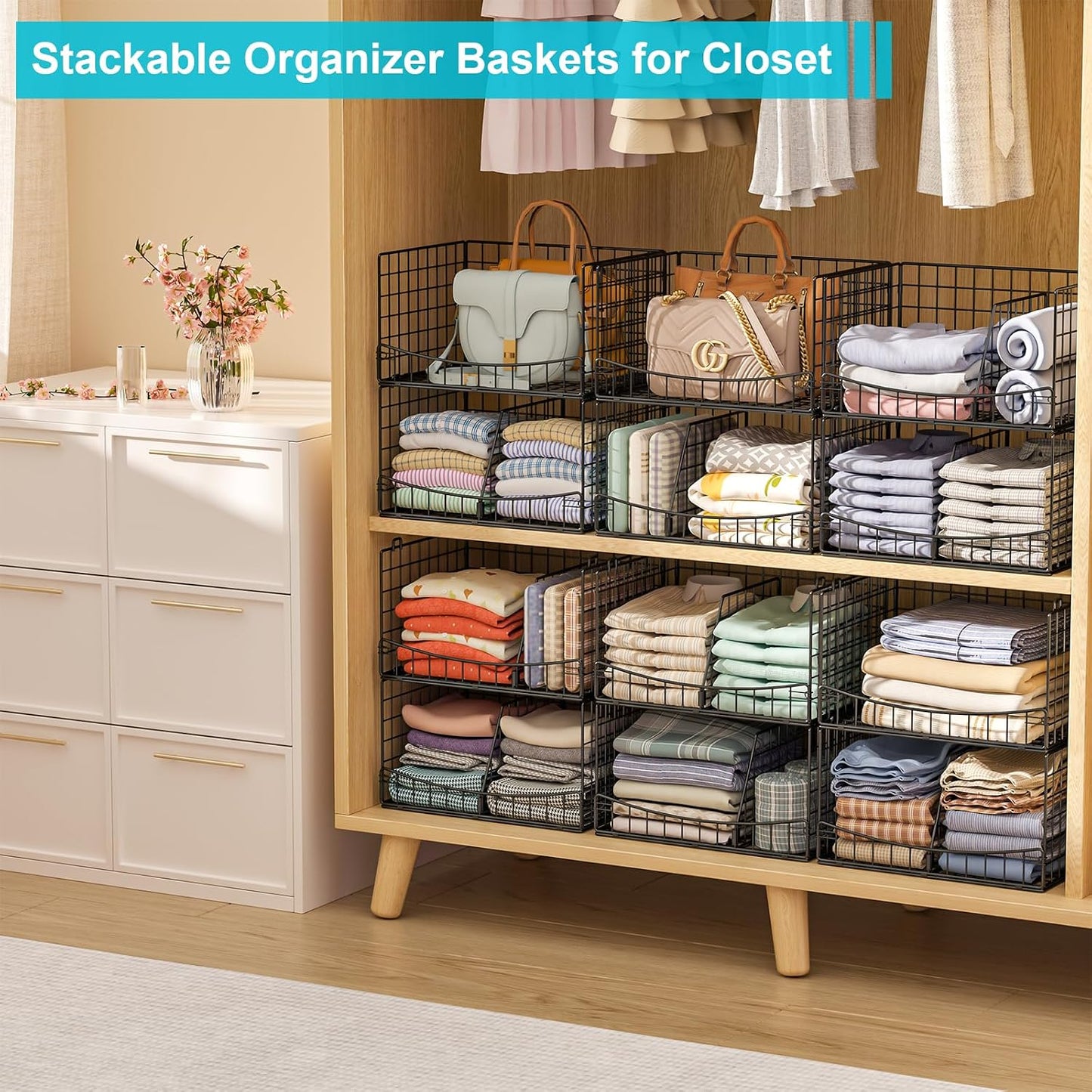 Hongtamoya 4-Tier Closet Organizers and Storage Basket with Divider, Foldable Closet Shelf Organizer System, Space-Saving Clothes Storage Drawer Organizer Bins for Wardrobe Cupboard, Black