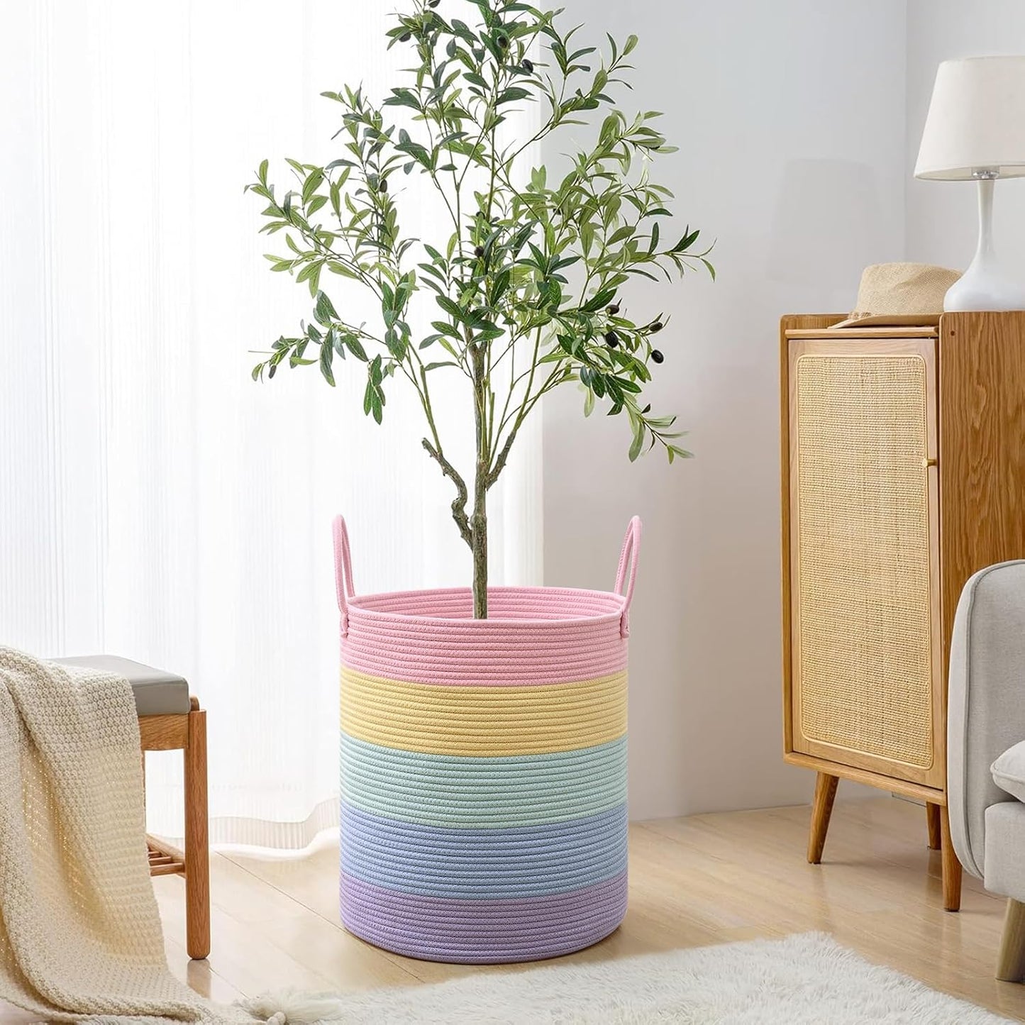 Laundry Hamper for Organizing, 52L Large Laundry Baskets, Cotton Rope Woven Blanket Basket, Collapsible Laundry Hamper for Living Room, Nursery, 15"×18", Light Rainbow
