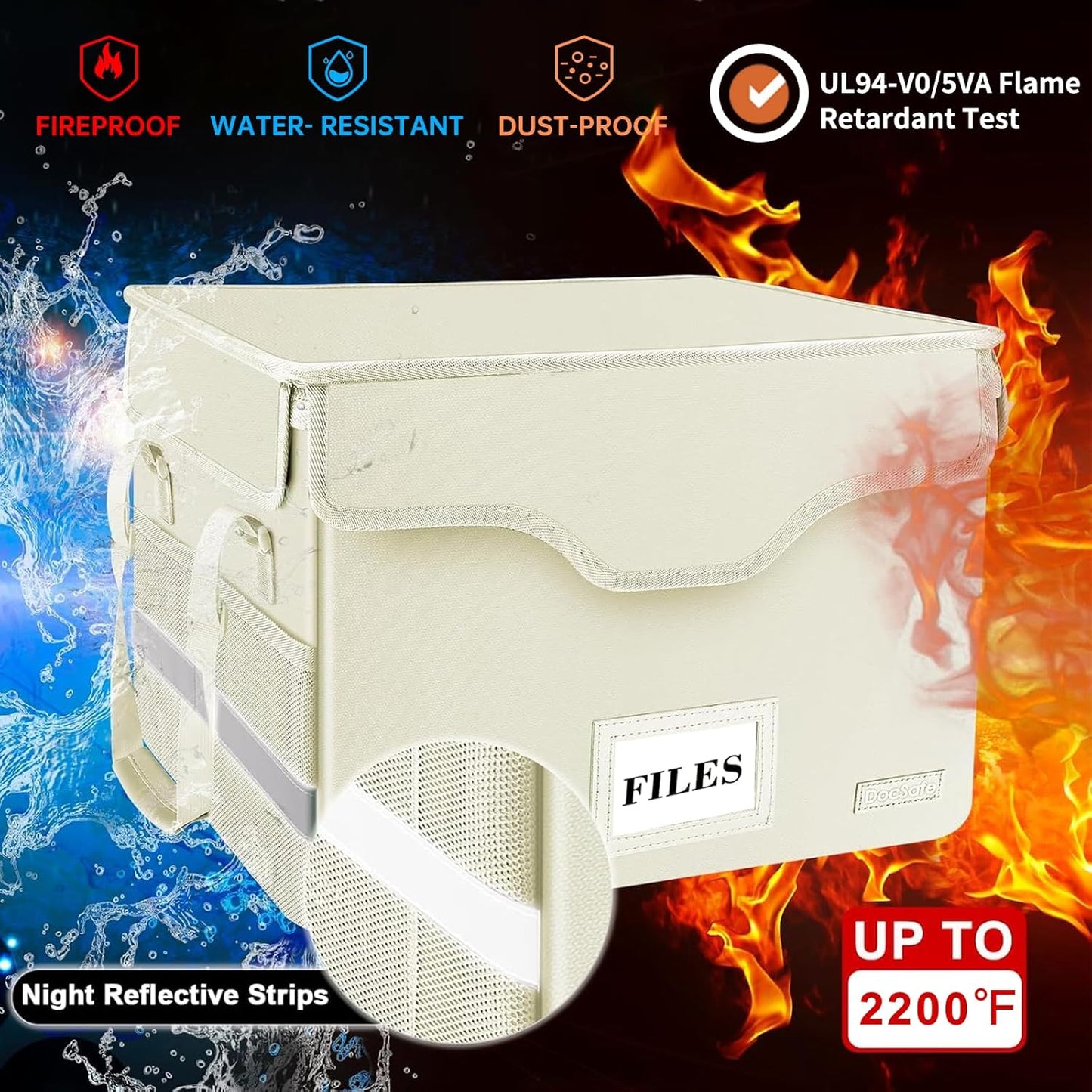 DocSafe Fireproof Document Box with Lock,File Storage Organizer with Zipper Pockets,Collapsible Portable File Box Home Office Safe Filing Cabinet with Handle for Hanging Letter/Legal Folders,Beige