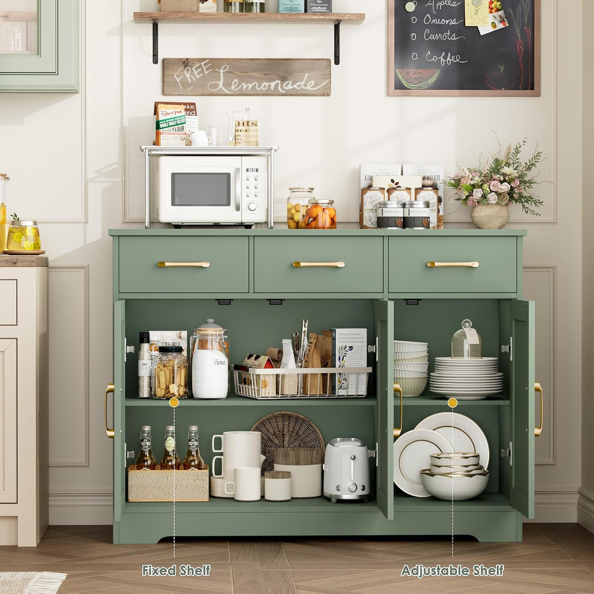 HOSTACK Kitchen Buffet Cabinet with Storage, Sideboard Coffee Bar, Green | Farmhouse Kitchen Storage Cabinet with 3 Drawers & Adjustable Shelf, 42.5"W Buffet Table for Dining Living Room