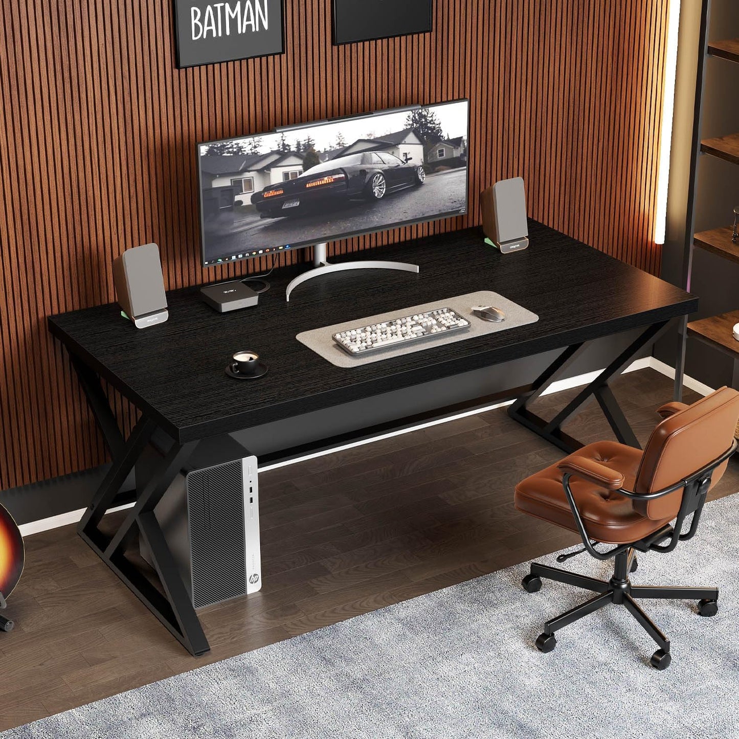 LVB Black Office Desk, Modern Writing Computer Desk for Home Office, Industrial Metal Wood Study Work PC Gaming Computer Table for Bedroom, Executive Student Workstation Desk, 47 Inch, Black Oak