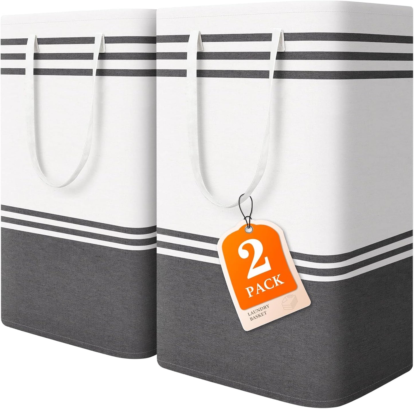 2 Pack Large Home Laundry Basket, Laundry Hamper, Freestanding Waterproof Dirty Clothes Bag, Tall Clothes Hamper - Extended & Reinforced Handles for College Dorm, Family (Light Grey/88L)