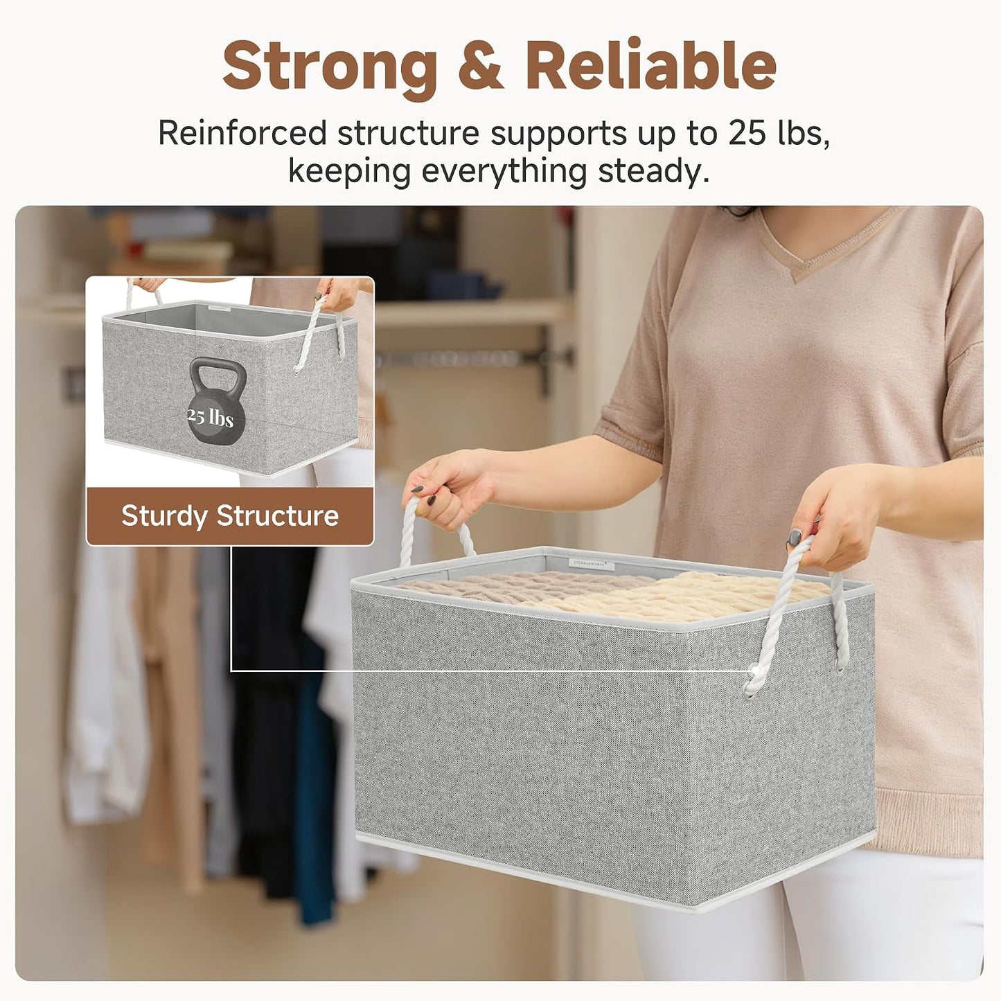 StorageWorks Storage Bins with Rope Handles, Gray, Extra Large, 3-Pack | Fabric Storage Bins for Shelves, Storage Baskets for Closet Organization, Organizer Bins for Clothes Storage