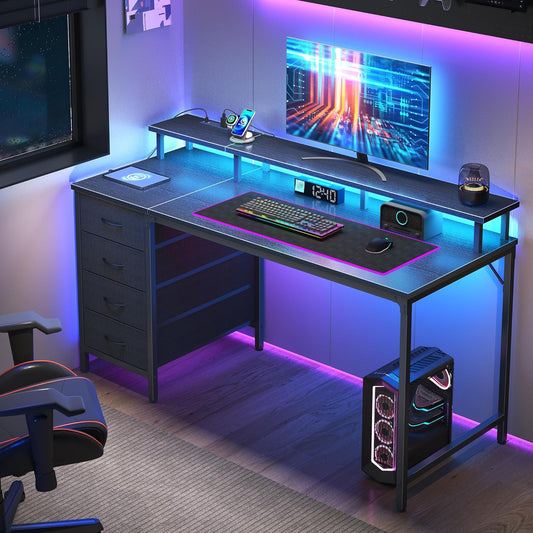 DUMOS 40 Inch Computer Desk with 4 Drawers,4 Drawer Gaming Desk with Power Outlets and LED Lights,Office Desk for Small Spaces with Monitor Shelf,Writing Desk for Home Office, Bedroom,Study,Black