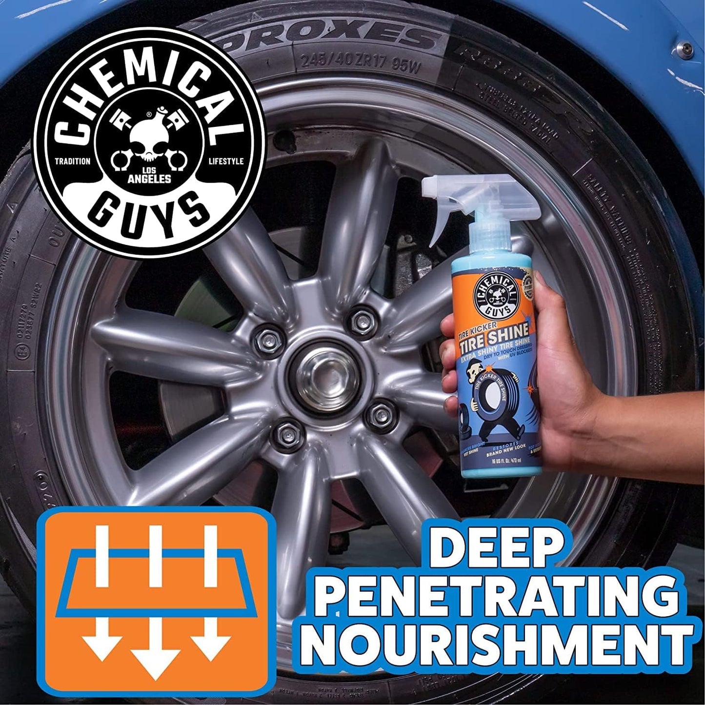 Chemical Guys Tire Kicker Extra Glossy Tire Shine Spray, 16 fl oz | Includes foam applicator; works on rubber, vinyl and plastic; for cars, trucks, motorcycles, RVs and more