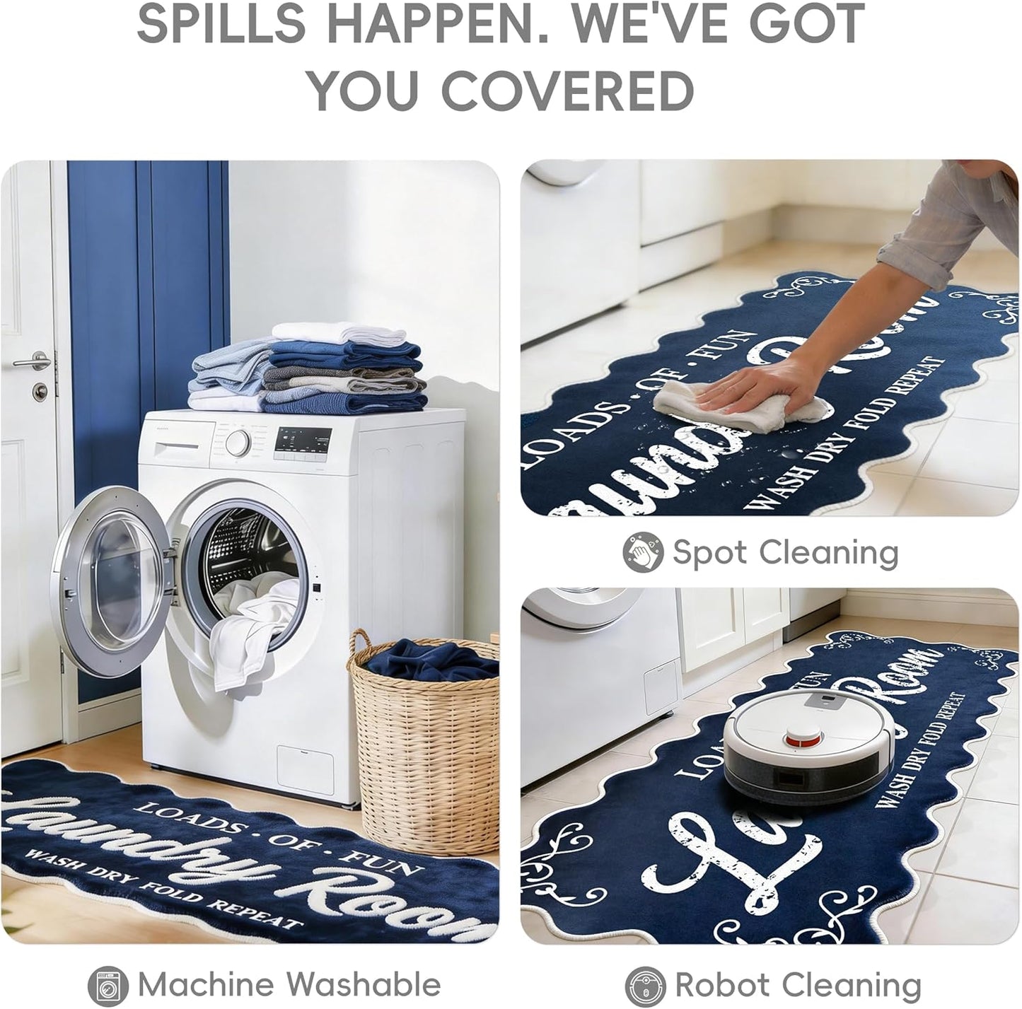Laundry Runner Rug 20″x47″, Dark Blue Scalloped Non-Slip Washable Laundry Mat with TPE Backing – Soft Cushioned for Laundry Room Organization & Farmhouse Decor, Ideal for Kitchen, Mudroom & Bathroom