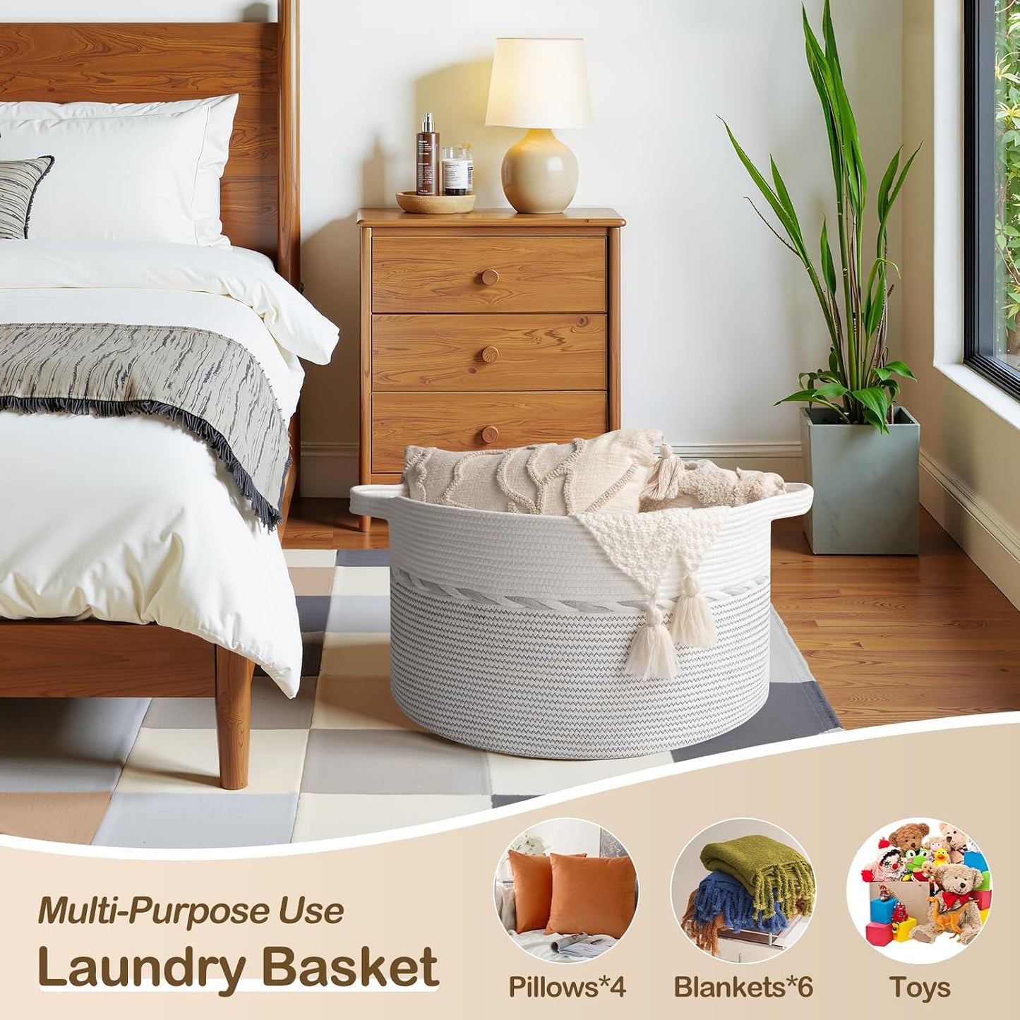 OIAHOMY 90L Extra Large Blanket Basket - Decorative Cotton Rope Storage Basket for Bedroom, Living Room & Nursery - Woven Laundry Hamper for Organizing Blankets, Clothes & Toys - Light Grey & White
