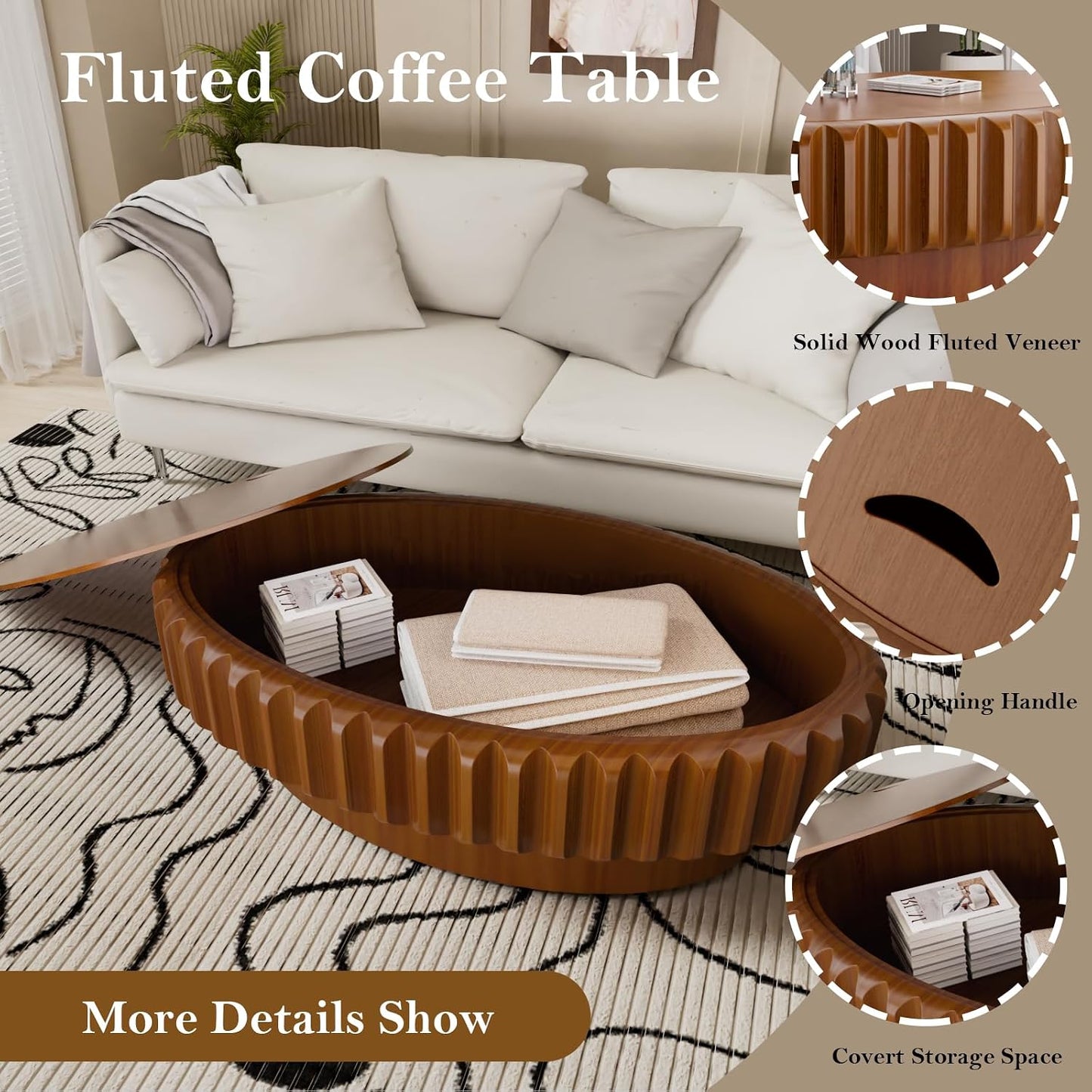 Chic Drum Coffee Table with Storage (D 43.3in) | 43.3" Rustic Oval Center Table - Solid Wood Fluted Veneer | Easy Assemble | for Living Room Apartment