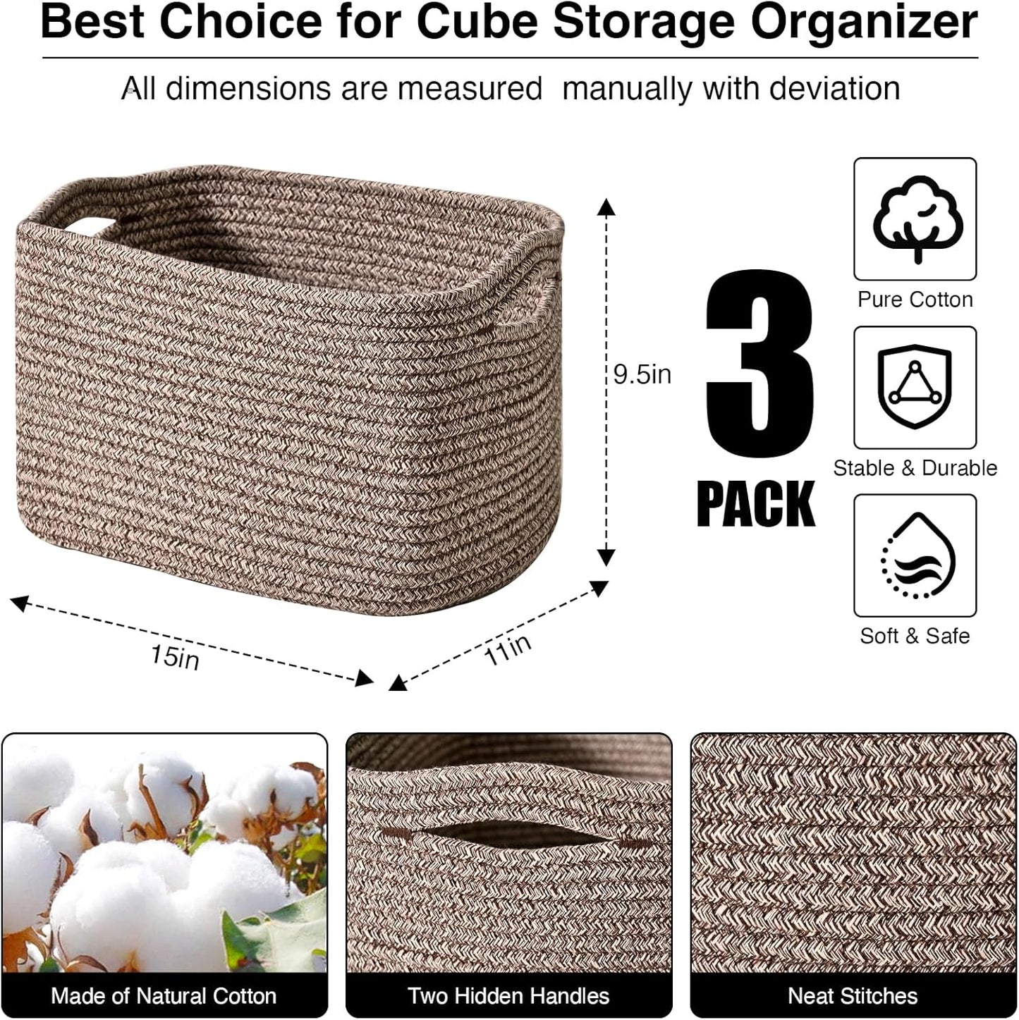 ICERZCZ Storage Baskets for Organizing Shelves, Woven Cotton Rope Bins for Baby Nursery Organization, Book Toy Towel Organizer, 15"x11"x9.5", 3 Packs, Dark Brown