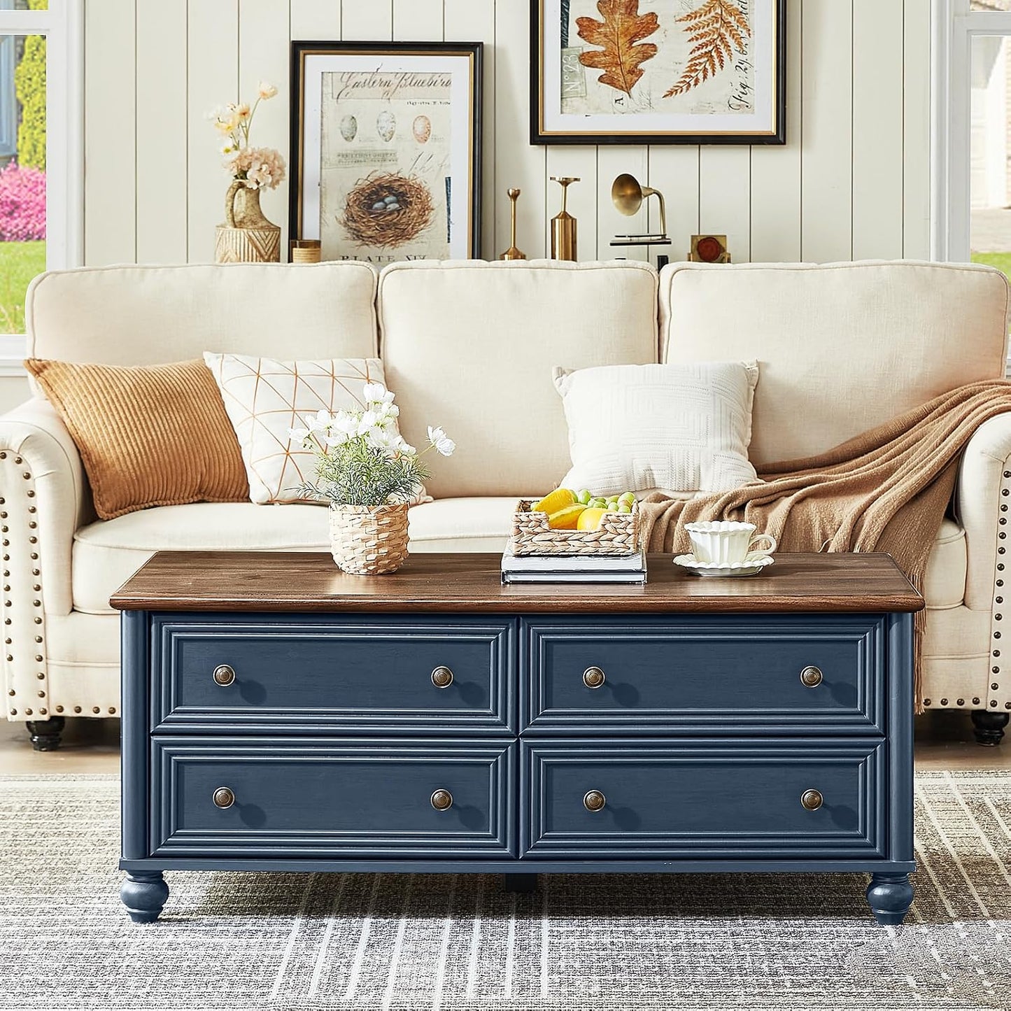 RWYHG 48" Farmhouse Blue Coffee Table, Center Table with 4 Drawers | High Capacity Hidden Storage, Smooth Roman Column Handles & Drawers, Solid Wood Sturdy Curved Legs, for Living Room,Office