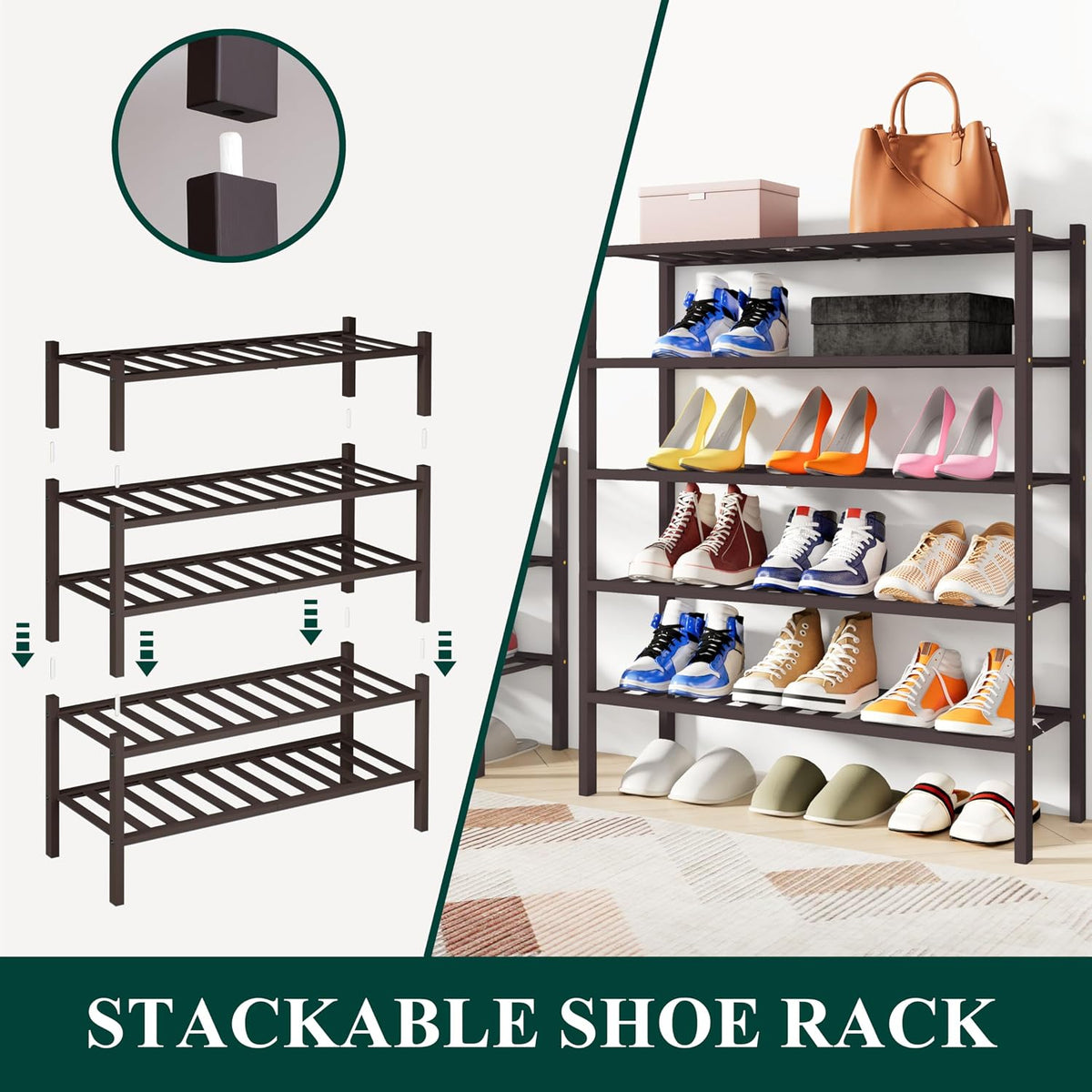 Smiry Bamboo Shoe Rack, 12 Vertical Slats, 4 Tier - 26.8" Wide, Brown