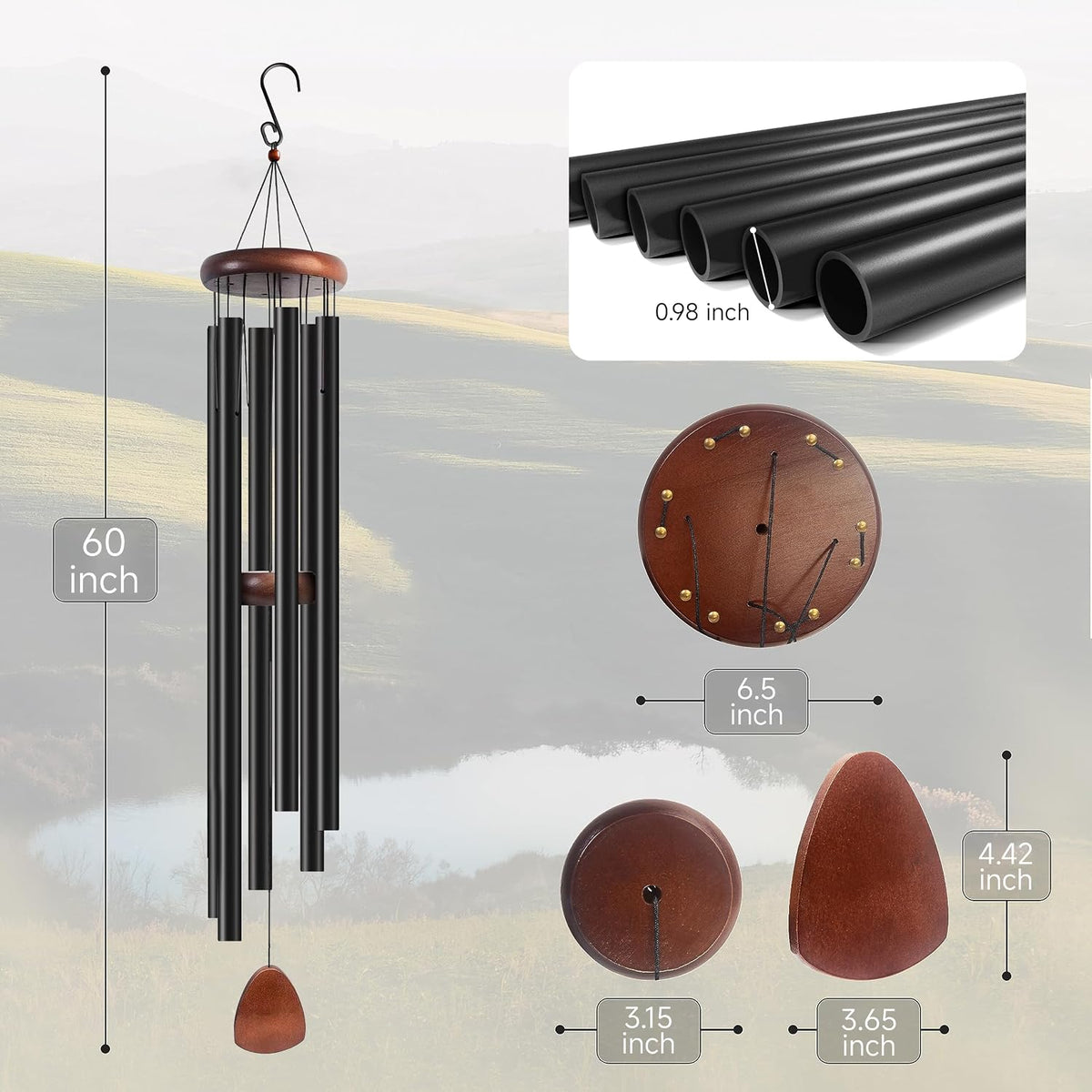 60 in Wind Chimes for Outside Deep Tone, Large Wind Chimes 6 Aluminum Tubes