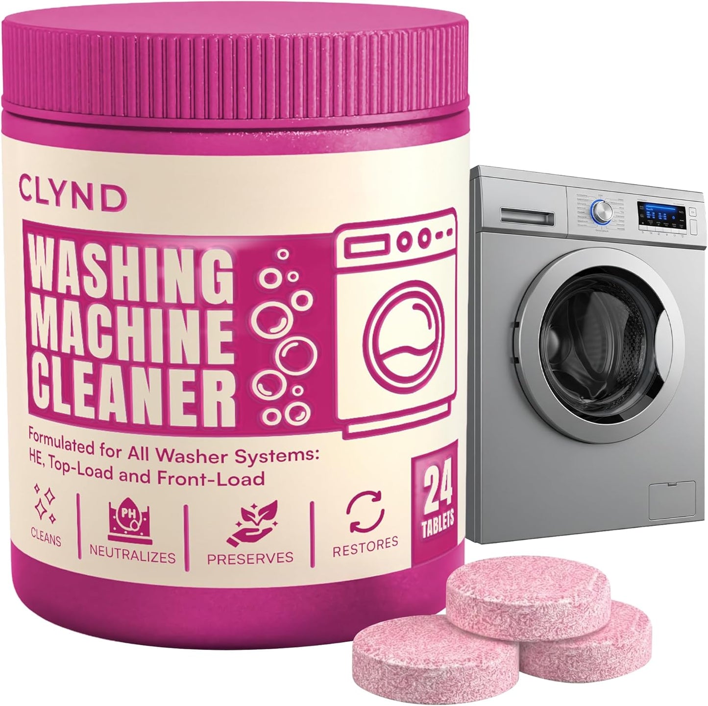 Washing Machine Cleaner Tablets Unscented 24 Pack Residue-free Laundry Washer Cleaner for HE Front Load, Top Load Washing Machine Cleaning Tablets Pro Descaler Deodorizer, Low Suds 1 Year Supply