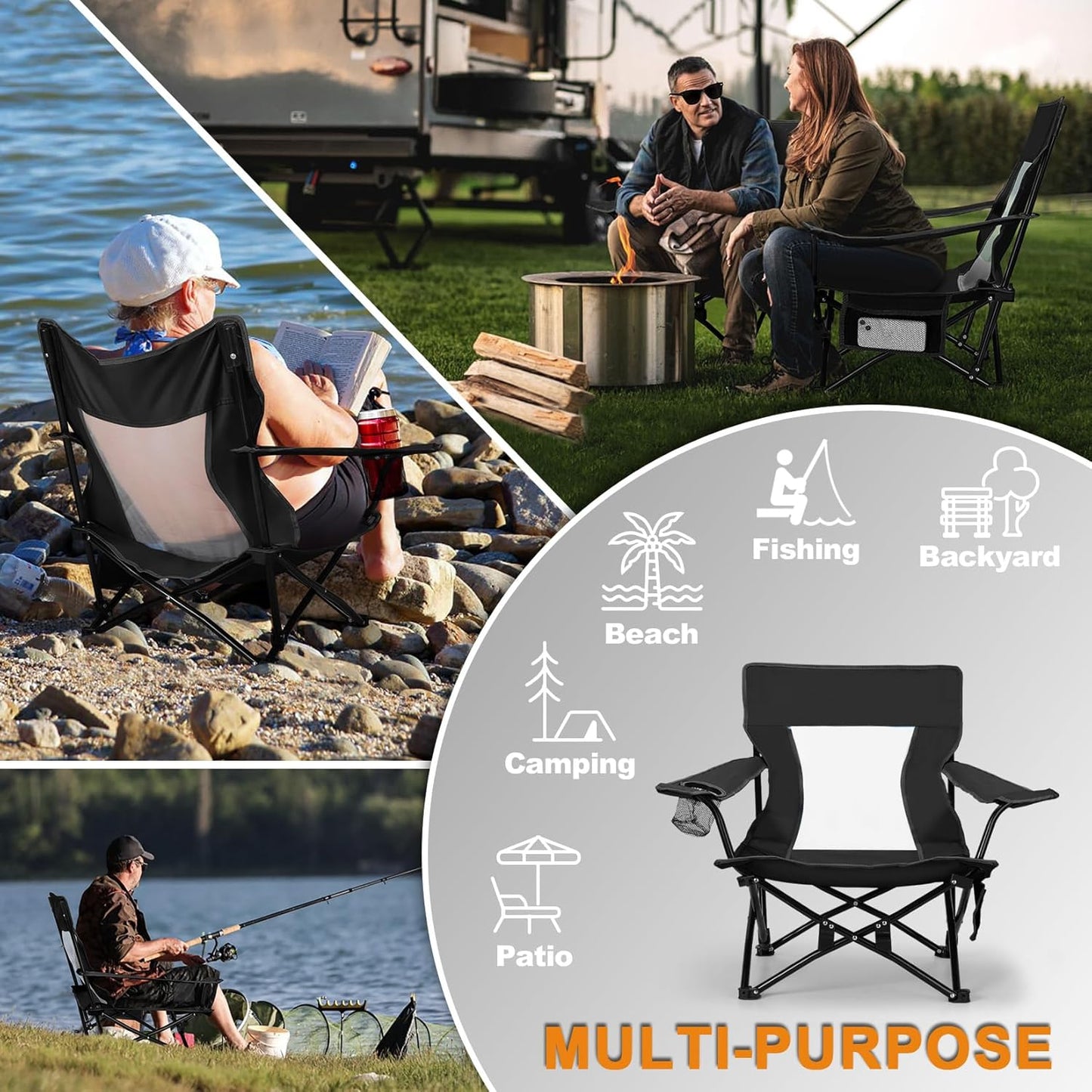 Joyfair Beach Camping Chair (2 Pack), Outdoor Folding Chair for Adults, Heavy Duty Portable Chair for Outside Fishing, Lawn, Sport, Patio, Armrest Cup Holder & Storage Pocket, Carry Bag (Black)
