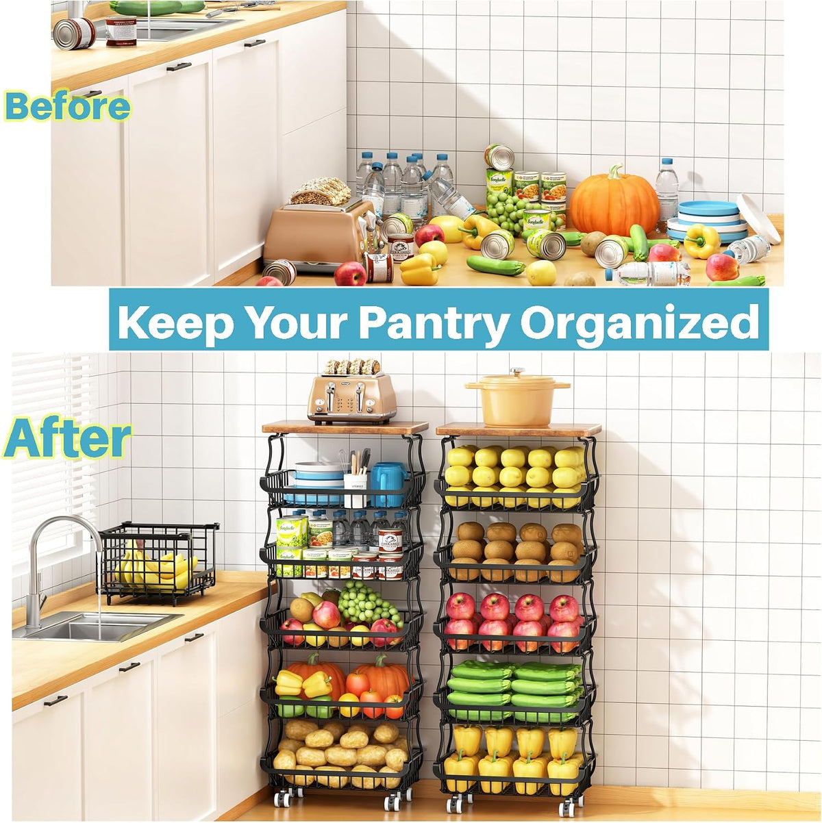 6 Tier Pantry Organizers and Storage Vegetable Fruit Basket for Kitchen, Stackable Flexible Design (3+3, 4+2, 5+1,6+0) Pantry organizers and storage for Kitchen Bathroom Livingroom Laundry Room Cart