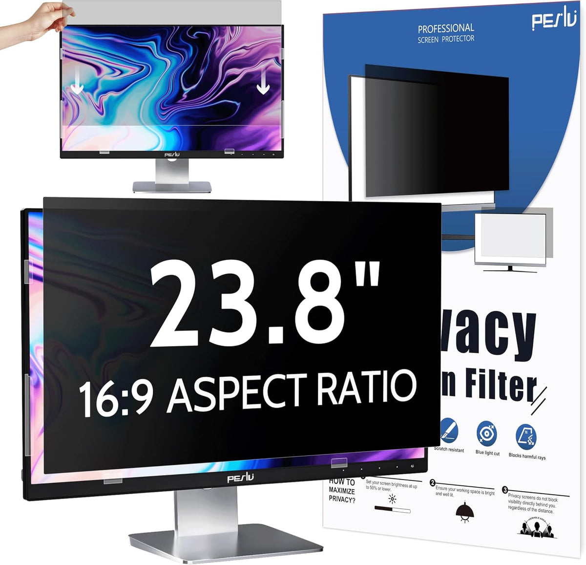 Peslv Privacy Screen for Computer Monitor 23.8 Inch 16:9 Aspect Ratio, Anti Blue Light Glare Removable 23.8 in Privacy Screen Filter Protective Film, HD 23.8 Inch Privacy Screen Protector for Monitor