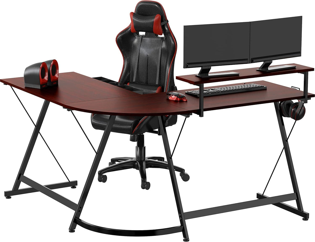 SHW 51 x 51 Inches Vista L-Shaped Desk with Monitor Stand and Drawer, Cherry