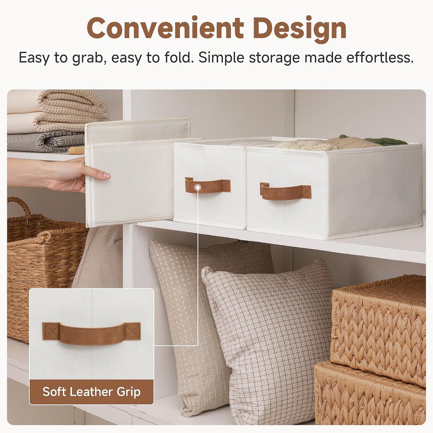 StorageWorks Closet Storage Bins with PU Handles, Ivory White, Small | Closet Organizer Storage Baskets for Shelves, Fabric Organization and Storage, Foldable Closet Organizer for Clothes