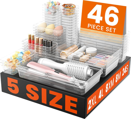 A-LuGei 【46PCS & 5Sizes Clear Drawer Organizer,【Hold 277 Items】 Makeup Organizer, Bathroom Organizers and Storage, Organization and Storage, Organizer Bins for Office Vanity Kitchen Tool Trays