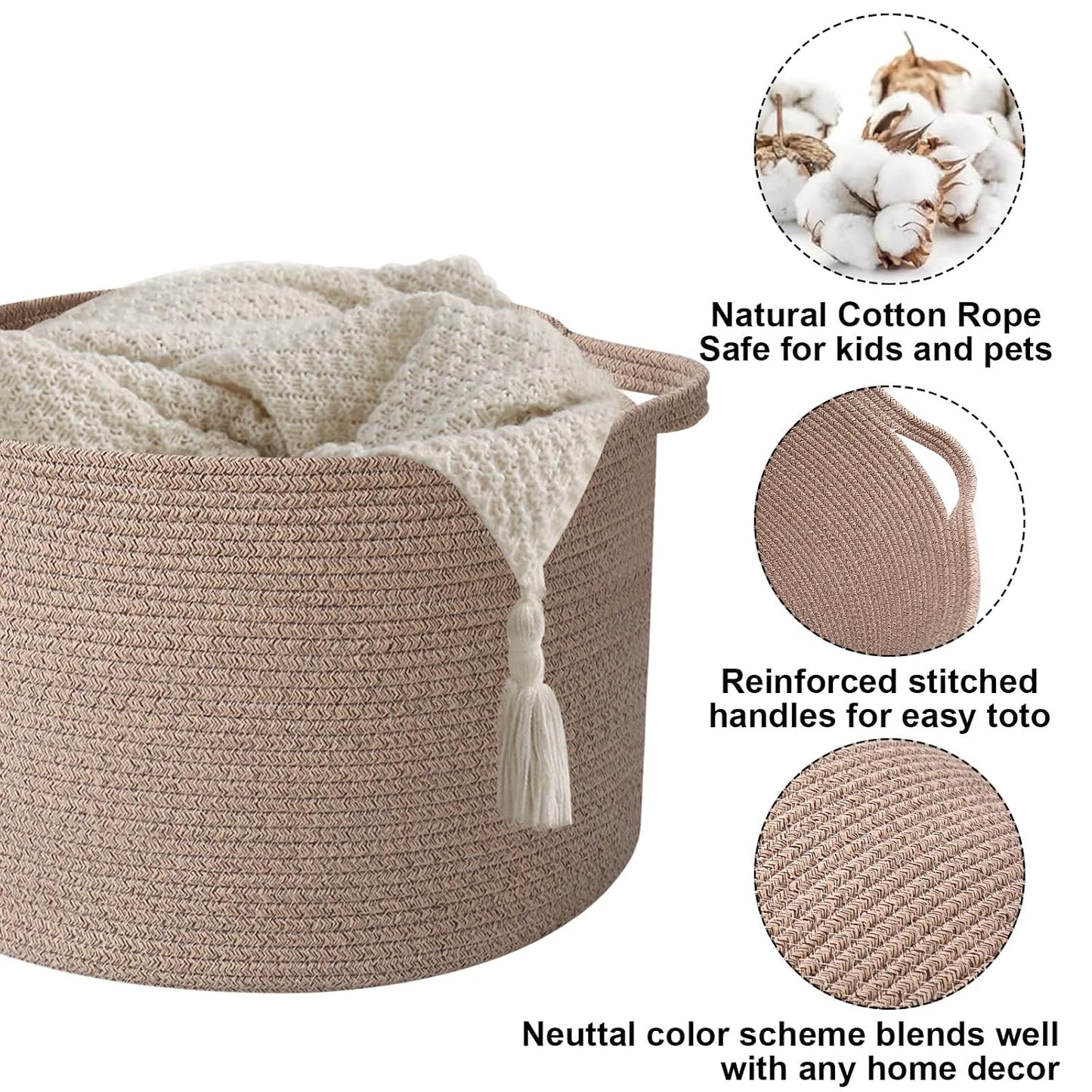 115L Large Blanket Basket,Woven Rope Laundry Basket-Brown | Collapsible, reinforced handles, nursery storage bin organizes clothes, toys and pillows for living room, bedroom bathroom.
