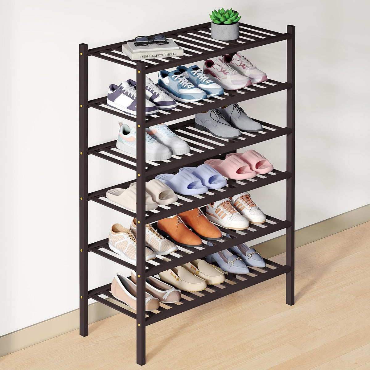 Smiry Bamboo Shoe Rack for Closet, 6 Tier - 26.77" Wide, Brown