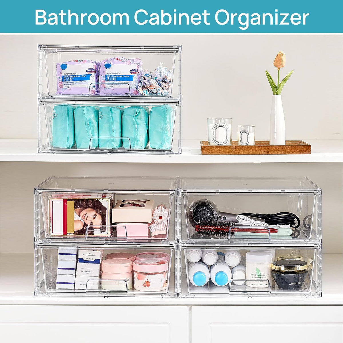 Vtopmart 4 Pack Large Clear Stackable Storage Drawers for Closet, Pantry