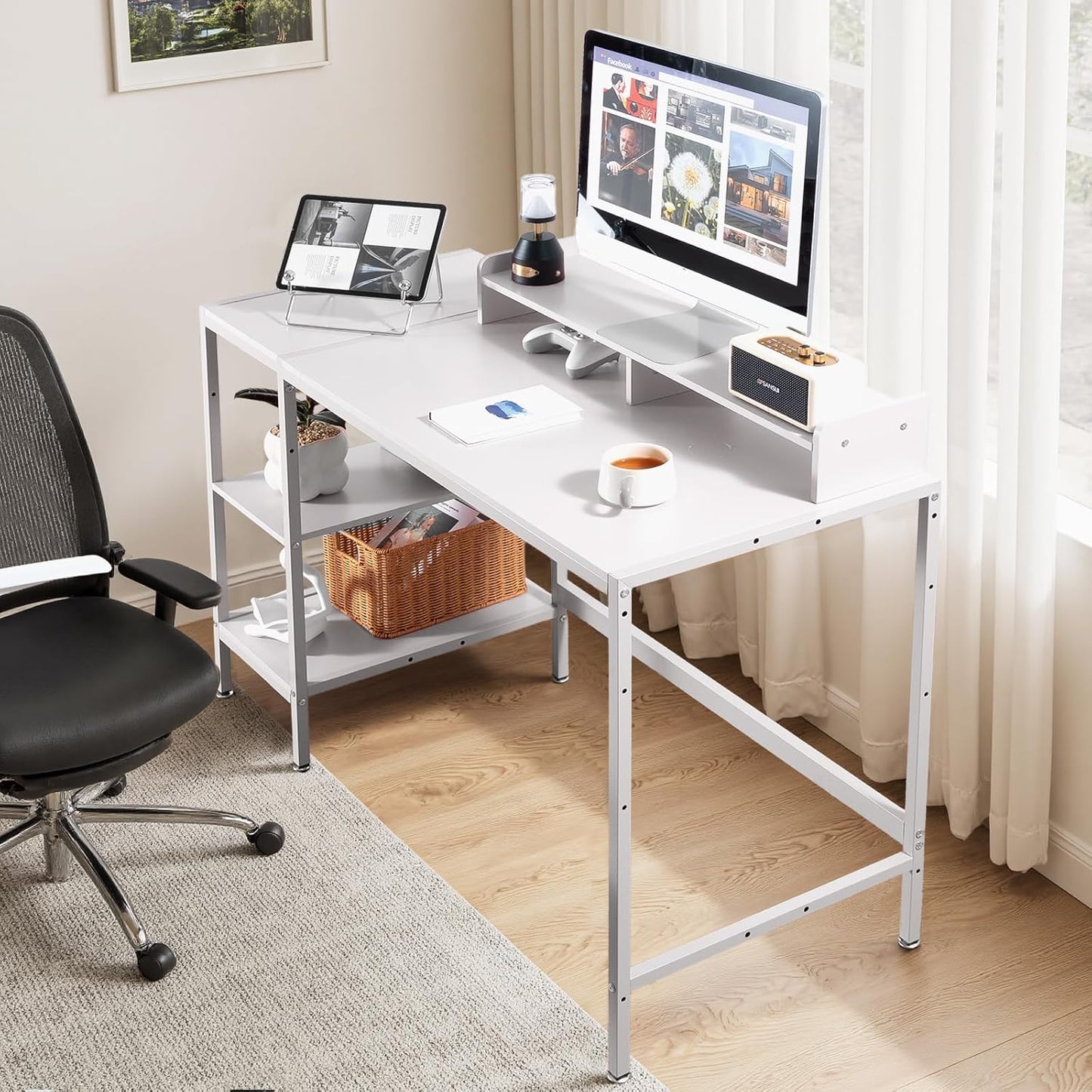 MINOSYS 47-inch Computer Desk with Storage Shelf - Ideal Gaming Desk for Bedrooms, Small Spaces, and Home Offices Modern Writing Desk for PCs,White Table.