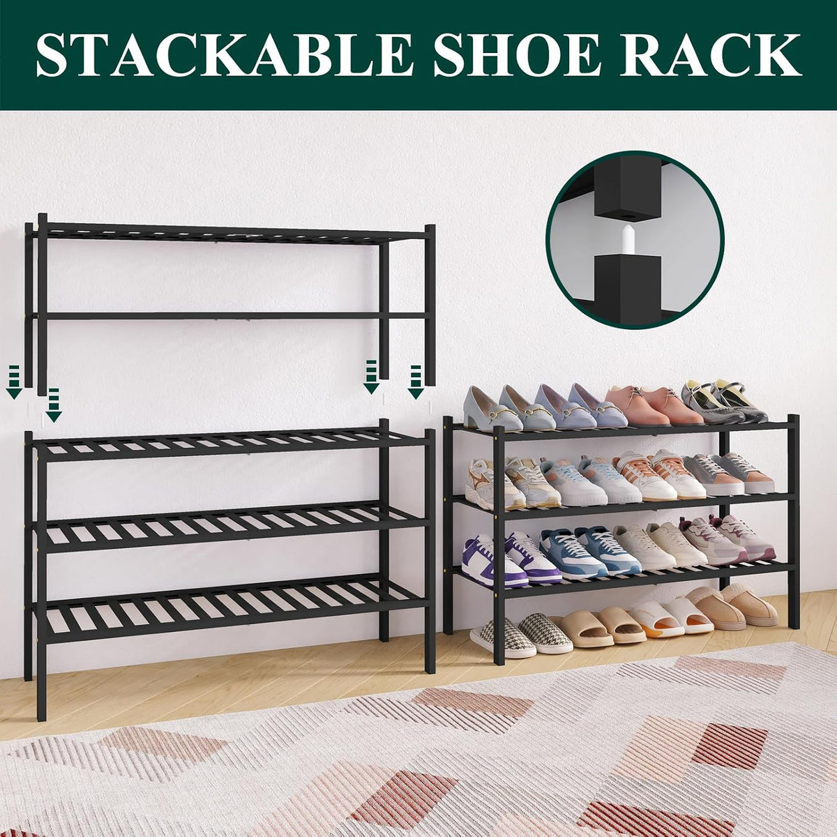Smiry Bamboo Shoe Rack for Closet, 2 Tier - 33.86" Wide, Black
