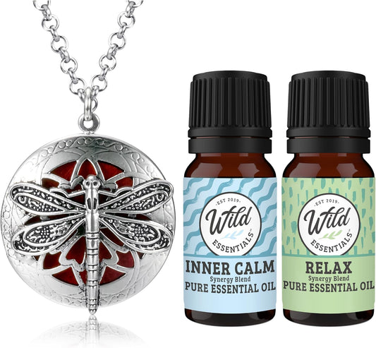 Wild Essentials Dragonfly Diffuser Necklace Kit – Nickel Free Alloy Hinged Locket Pendant, 12 Color Pads (17mm) – Includes Inner Calm & Relax Blends (2 x 10ml) – USA Made Oils – Family Company