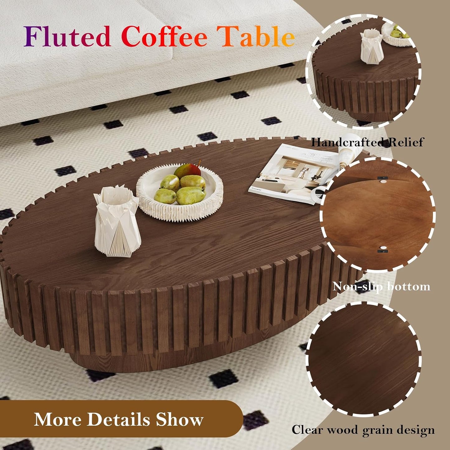 Handcraft Fluted Coffee Table with Sturdy Pedestal (Oval Walnut 43.3in) | 43.3" Oval Drum Center Tables | for Living Room Apartment Farmhouse | Easy to Assembly
