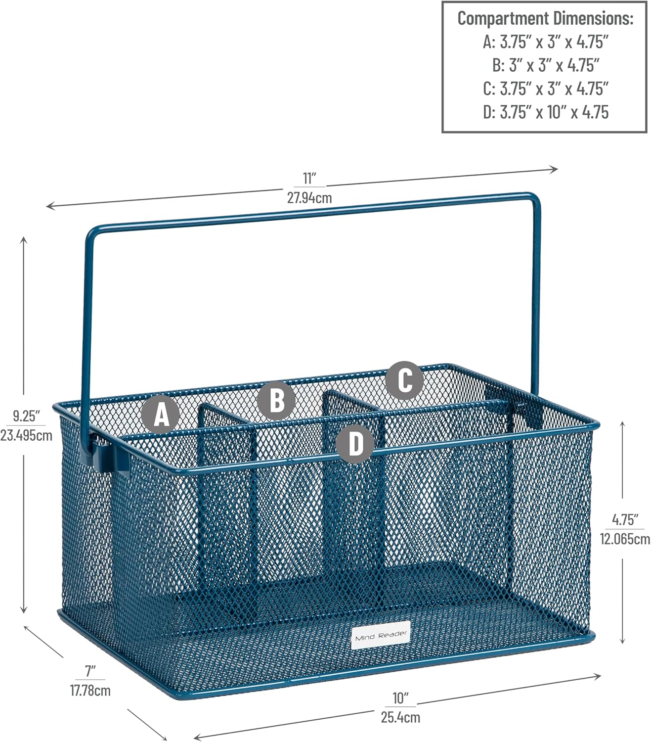 Mind Reader Multi-purpose Storage Caddy with Handle, Desktop Organizer, Cutlery Holder, 4 Compartments, Metal Mesh, Turquoise