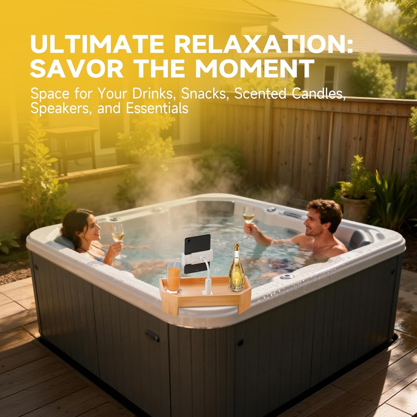 POOLCOMFT Bamboo Hot Tub Tray with Adjustable Phone Holder, Non Slip Hot Tub Table with Card & Scented Candle, Hot Tub Accessories - Unique Gift Idea for Spa Lover, Women, Parents
