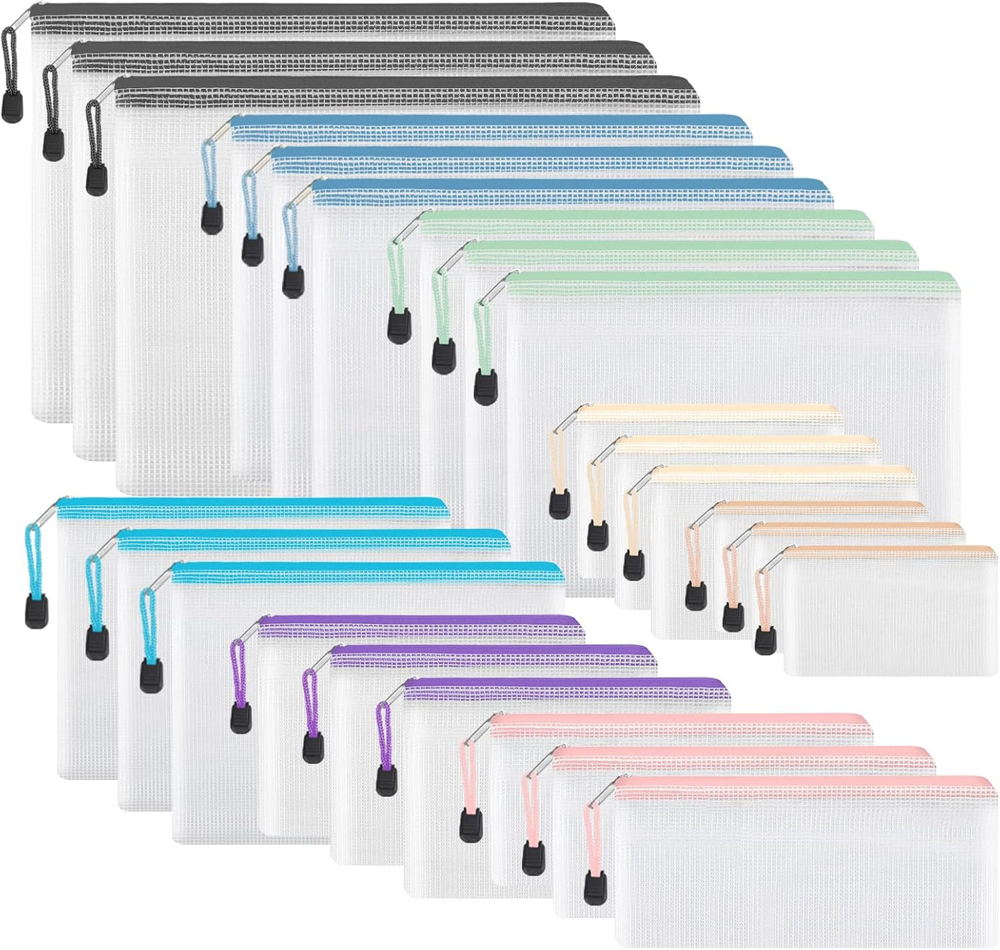 EOOUT 30pcs Mesh Zipper Pouch Bags, 8 Sizes Plastic Zipper Bags, 8 Colors Waterproof Zipper Pouches for Organization, Multipurpose for Travel, School Supplies, Office Appliances and Home Organization