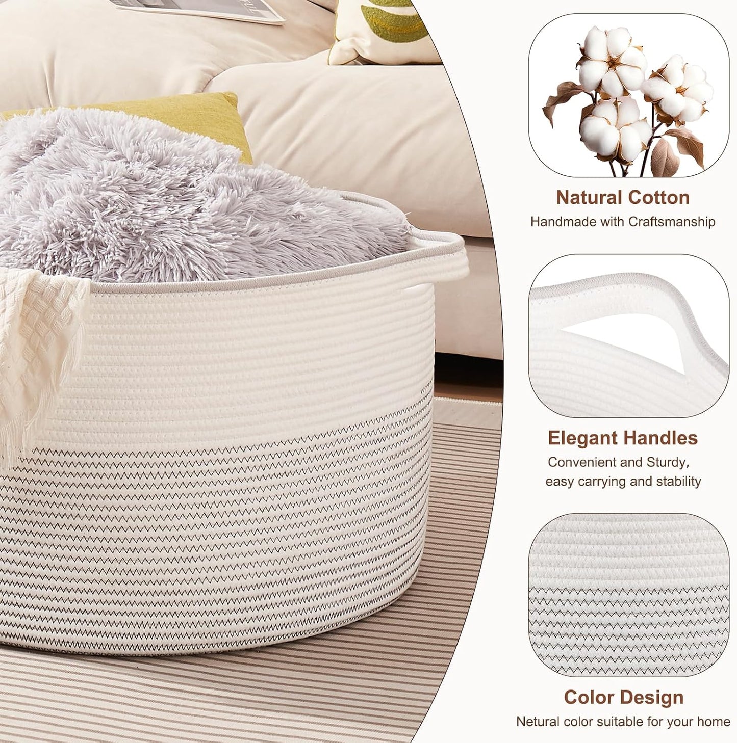 OIASKET Large Blanket Basket with Handles, 22.8" x 22.8" x 13" Woven Storage Basket for Living Room, Cotton Rope Baby Toy Storage for Clothes, Pillows, Towels-Black and White