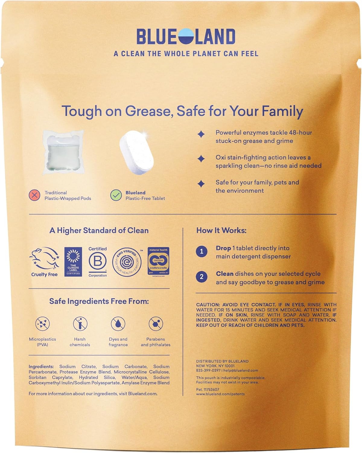 BLUELAND 100% Plastic-Free Dishwasher Detergent Tablets, 60 Count, Free & Clear, Eco-Friendly Dishwashing Pods, Cuts Grease & Stuck on Food, Rinses Clean for Streak-Free Shine