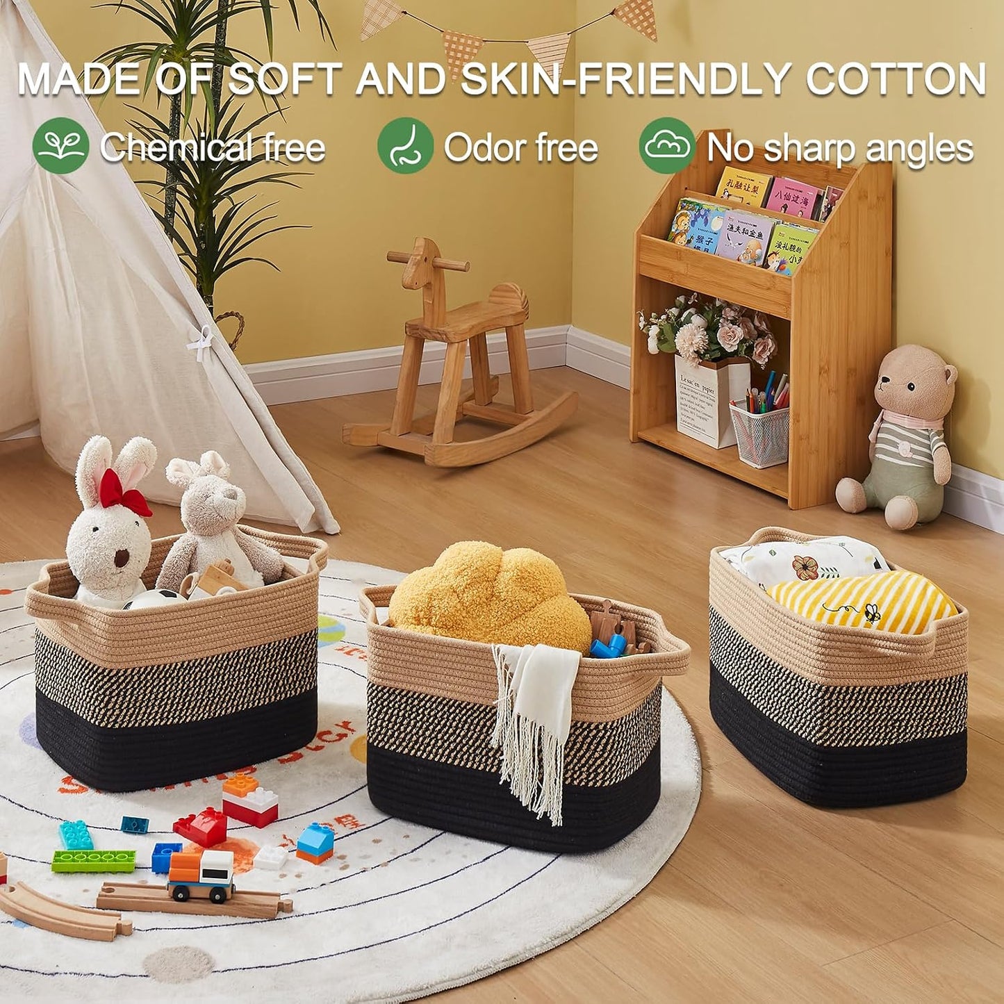OIAHOMY Woven Storage Basket, Cotton Rope Baskets for Toys,Towel, Clothes, Used to Bathroom,Living Room,Nursery,Bedroom, 16"x12"x10"- Pack of 3, Black & Brown