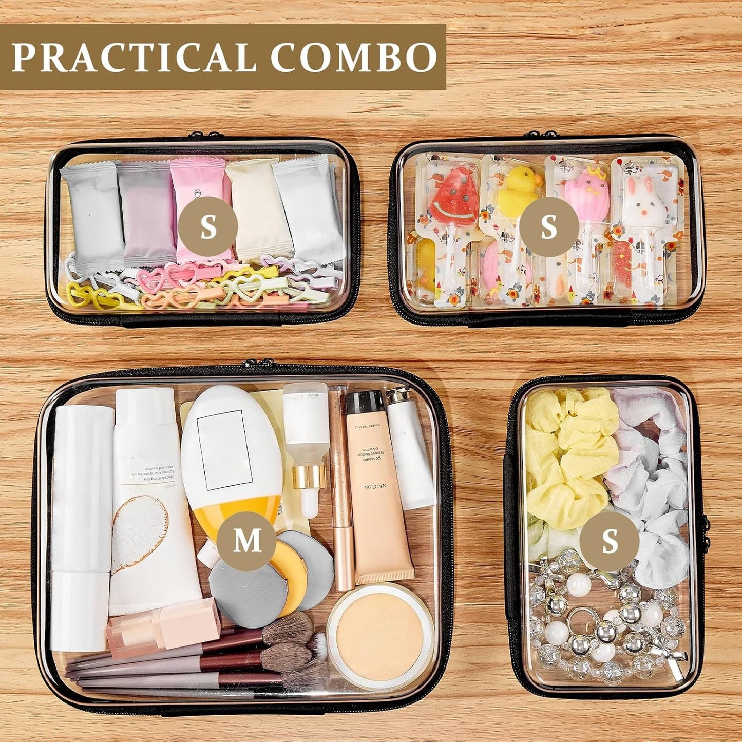 4 pcs Clear Zipper Pouches,Hard Shell Zipper Case, Toiletry Bag for Travel, CLear Diaper Bag, Toiletry Pouch, Travel Organizer, Cosmetic Bag,Toy Storage Bins (M+3S)(Black)