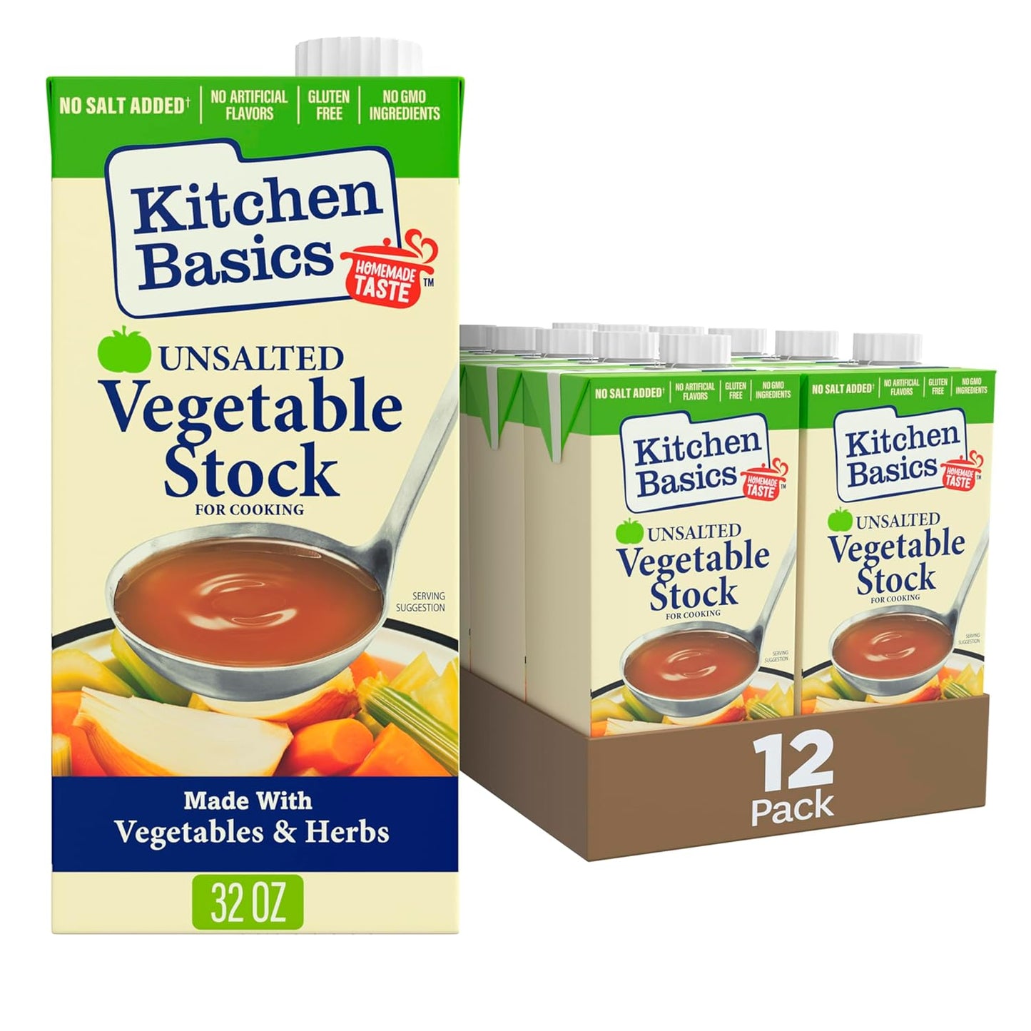 Kitchen Basics Unsalted Vegetable Stock, 32 oz (Pack of 12) For Delicious Dishes and Enhanced Flavors, Great for Vegetarian Recipes