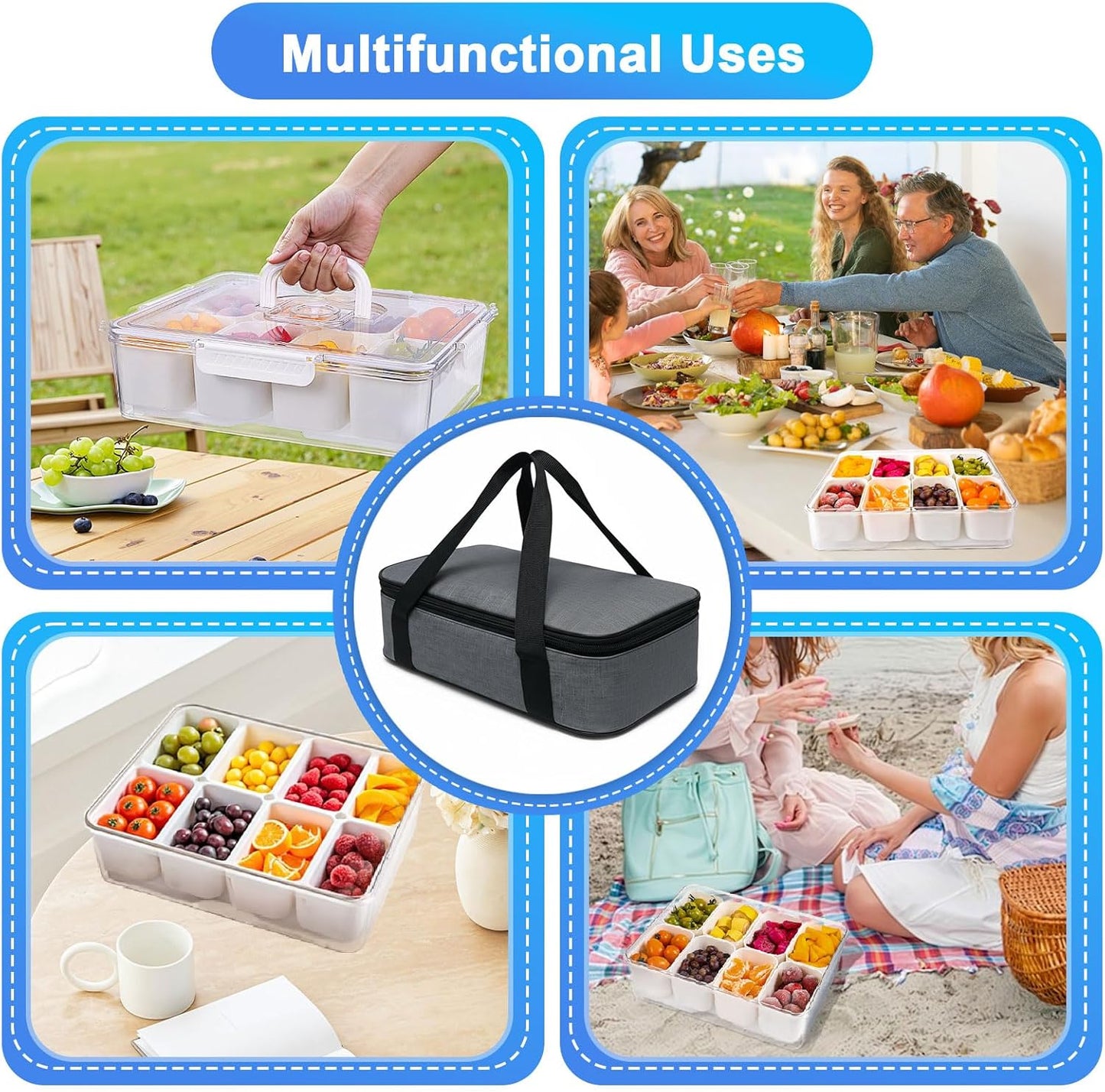 Portable Snackle Box Container with Ice Pack,Snack Container Divided Serving Tray Insulated Bag, Cooling Travel Snacklebox with Lid & Handle,8 Compartment Chilled Serving Tray for Beach,Outdoor,Picnic