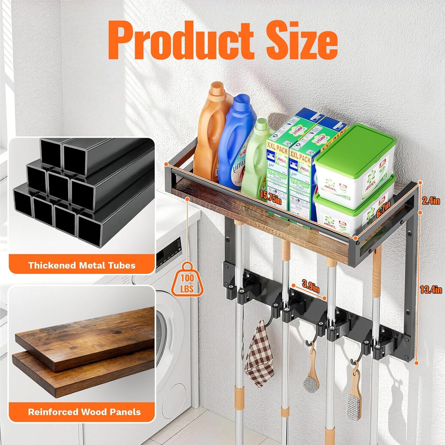 Broom Holder Wall Mount with Shelf Load 66LBS Broom and Mop Organizer Wall Hanging Broom Hanger with 4 Mop Hanger Grippers, 3 Hooks for Laundry Room, Garage, Utility Closet, Kitchen, 1 Pack