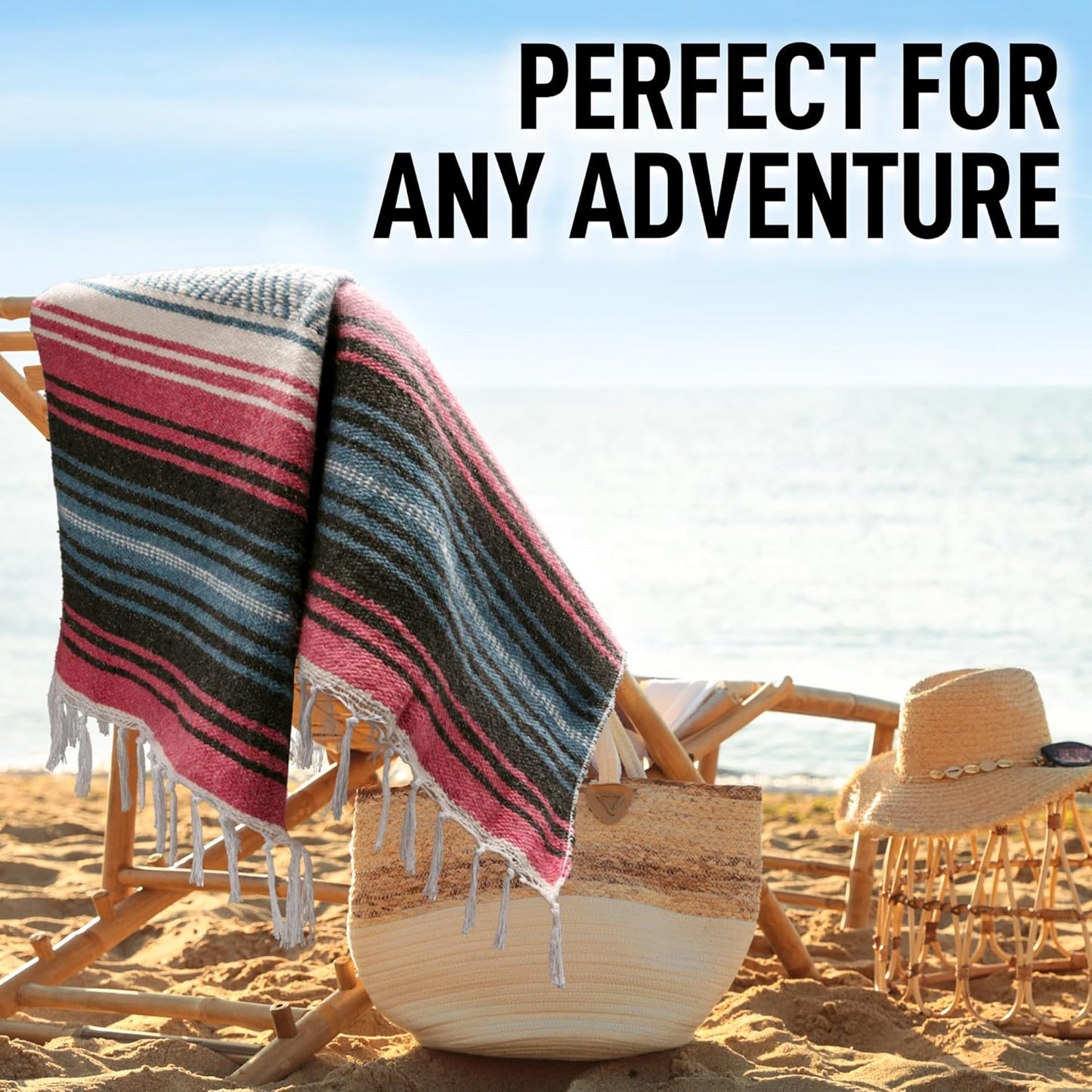 Hydration Nation Authentic Large Handwoven Mexican Striped Throw Blanket - Soft, Durable, Eco-Friendly - 70"x50" - Azure