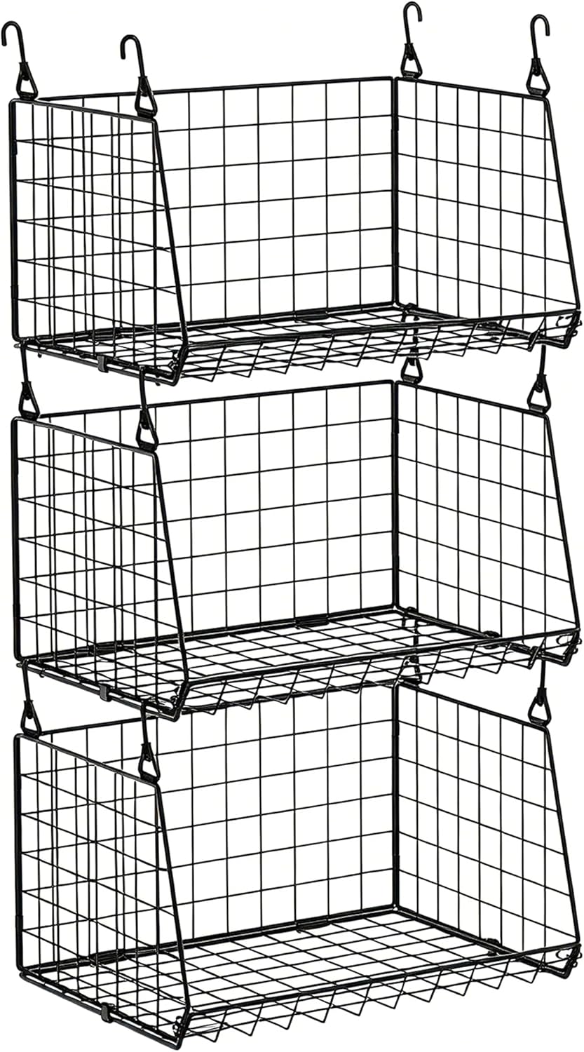 3-Pack Hanging Laundry Room Organizaton：Foldable Laundry Basket Wire Basket with 360°Rotating Hooks Small Space Organization Over Washer and Dryer Shelves - Hanging Closet Organizer, Black Patent