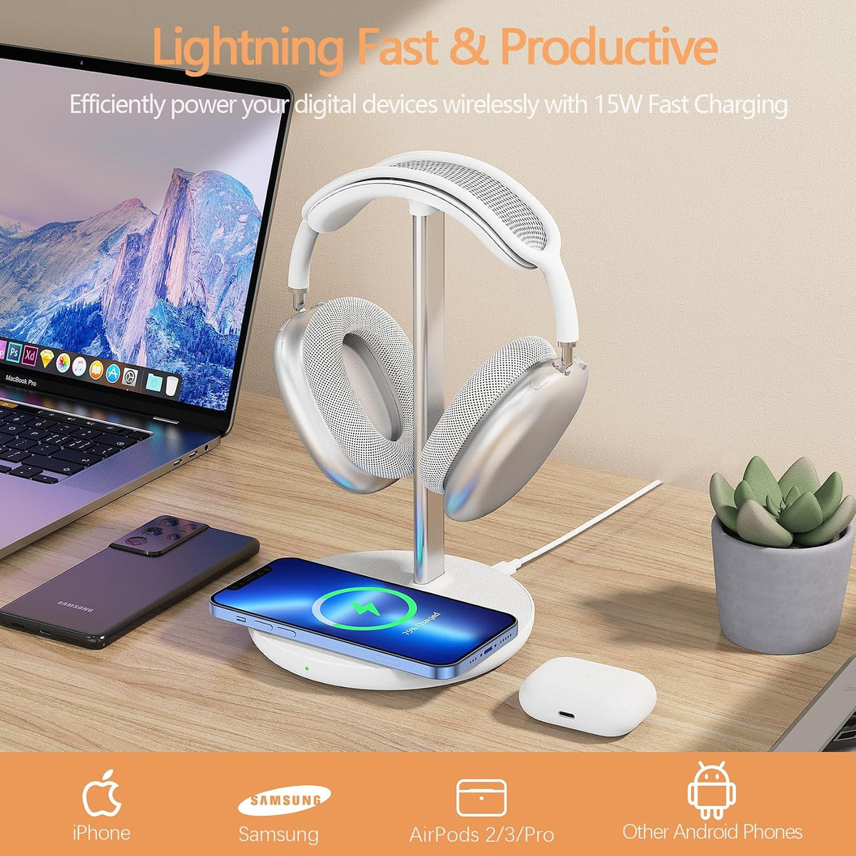 Hiwe Headphone Stand with Wireless Charger, Gaming Headset Holder for Desk