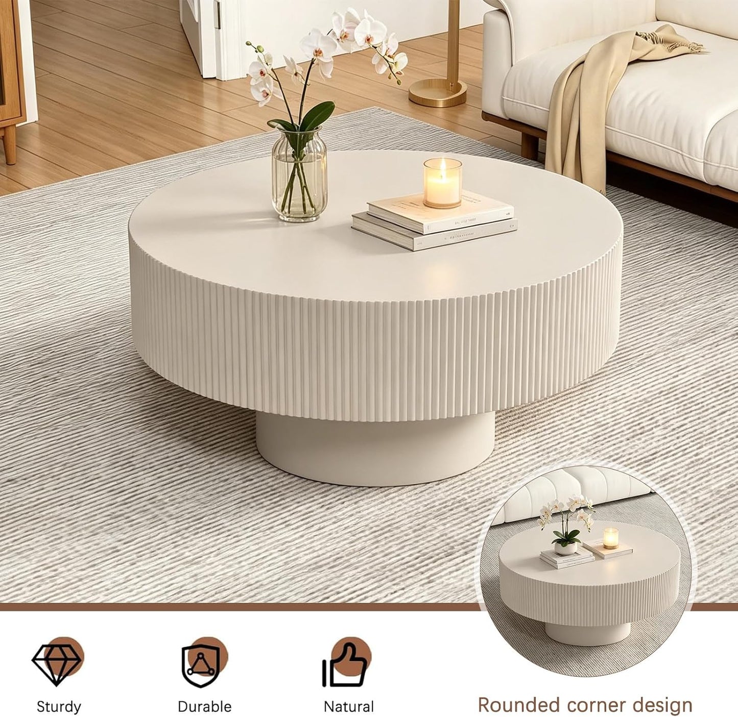 30.91" Round Drum Coffee Table,White Thickened | Modern Handcraft Fluted Accent Table, Sturdy Pedestal Circle, Luxury Center Table, For Living Room Home Office