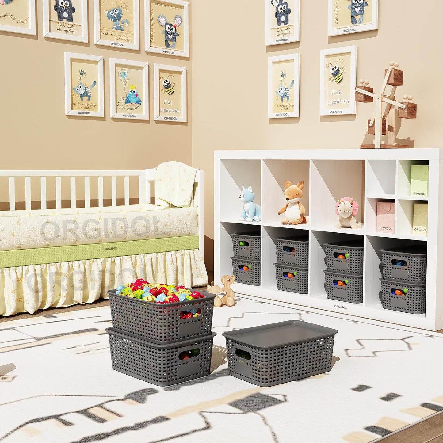 ORGIDOL Plastic Storage Basket with Lids 10 Pack Stackable Storage Bins Containers with Lid, Decorative Storage Boxes for Organizing Shelves, Drawers, Playroom, Classroom, Office, Closet, Grey