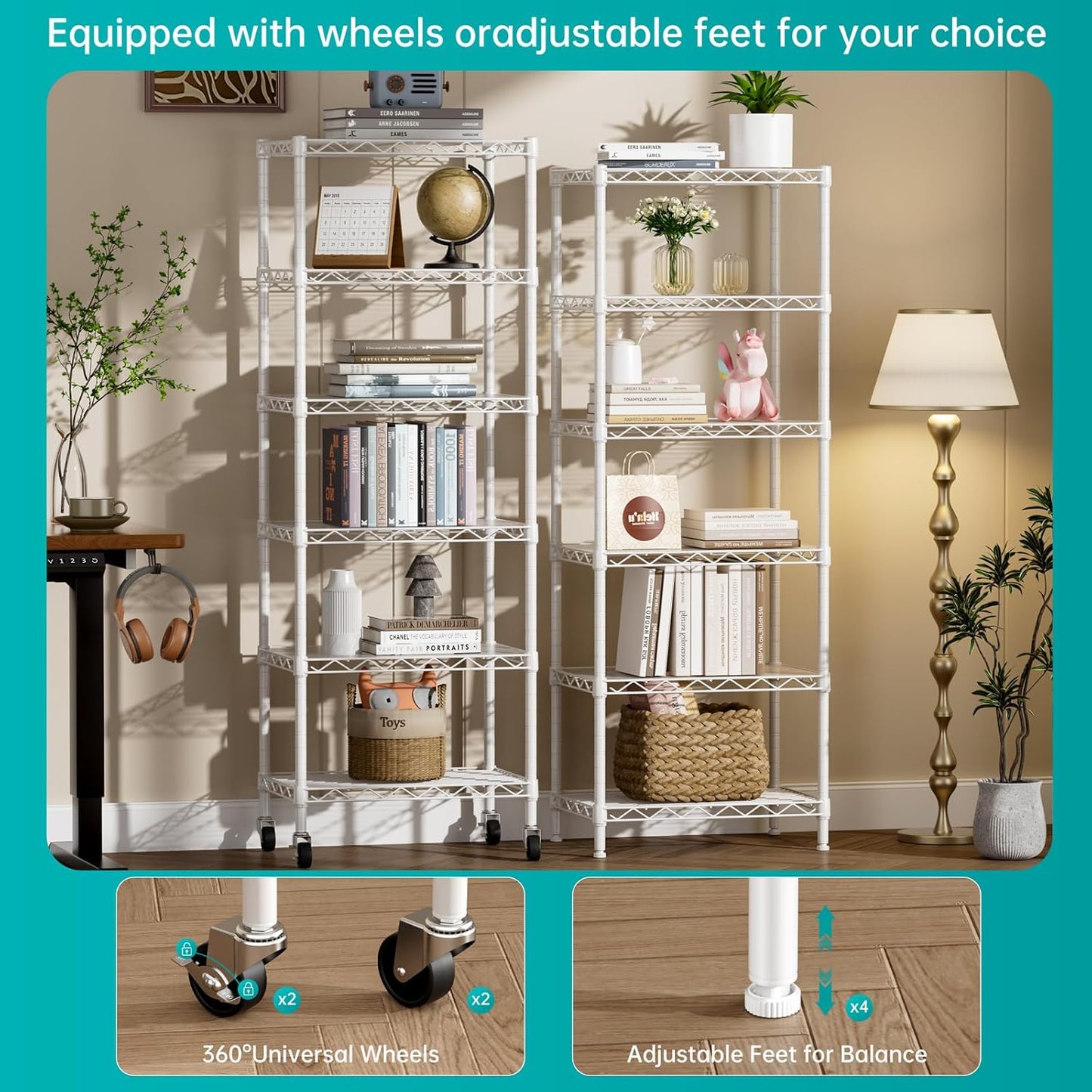 SINGAYE 6 Small Shelf Storage Wire Shelves Closet Bathroom Organizers Metal Pantry Kitchen Garage Shelving Unit Laundry Room Organization Home Narrow Rack Net Basket with Wheels White