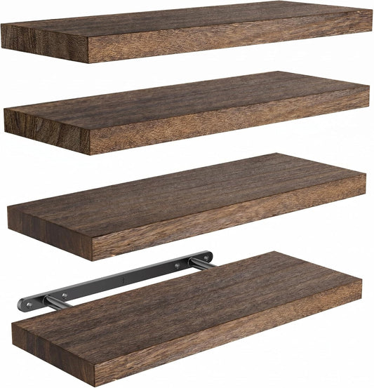 AMADA HOMEFURNISHING Floating Shelves, Paulownia Wood Wall Shelves for Bathroom/Living Room/Bedroom/Kitchen/Home Office, Natural Wood Floating Shelf for Home Storage & Organization, Set of 4, AMFS40BN