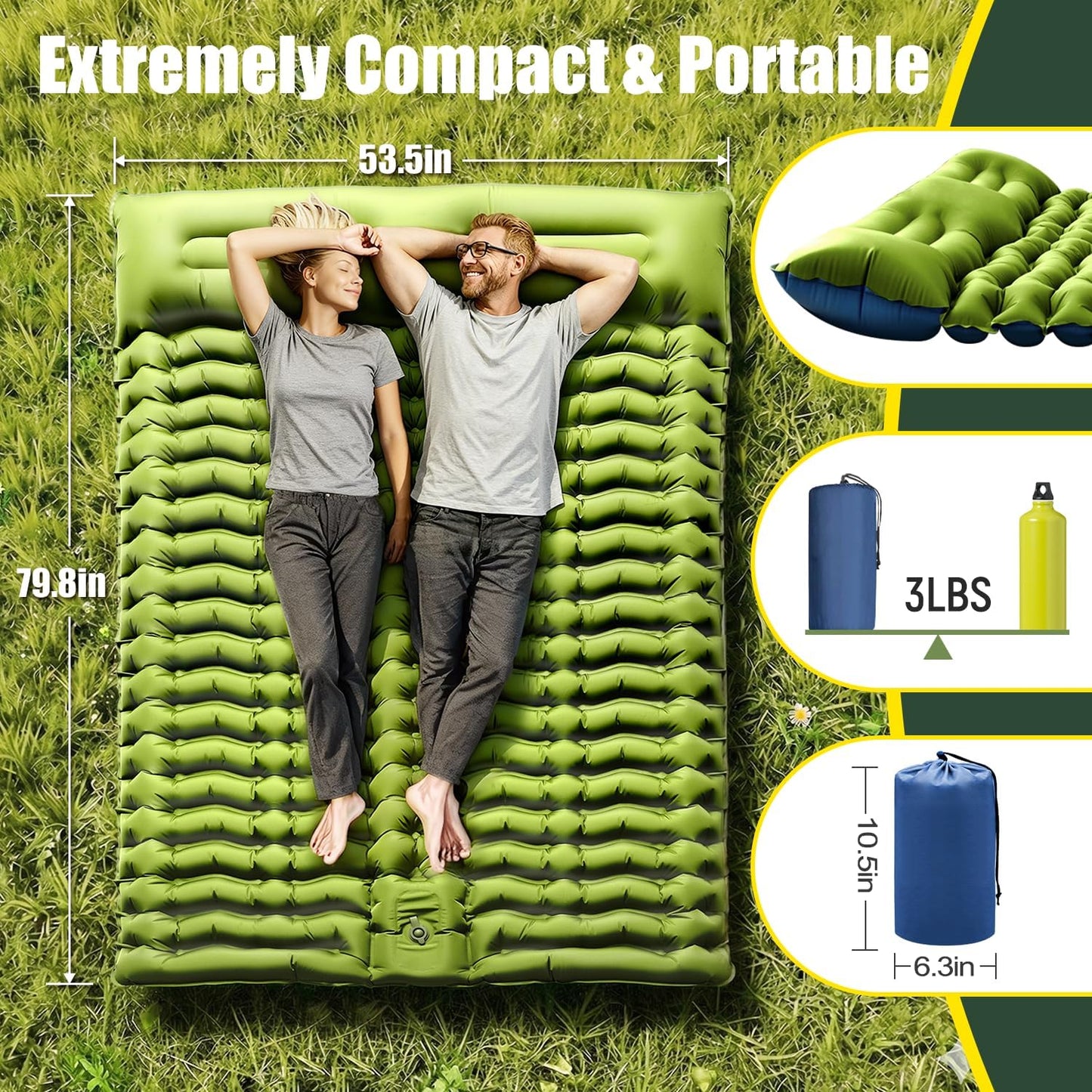 Yuzonc Double Sleeping Pad - Self Inflating 4" Extra-Thick for 2 Person with Pillow Built-in Foot Pump Inflatable Sleeping Mat for Backpacking, Hiking, Traveling, Tent, Portable Camping Mat
