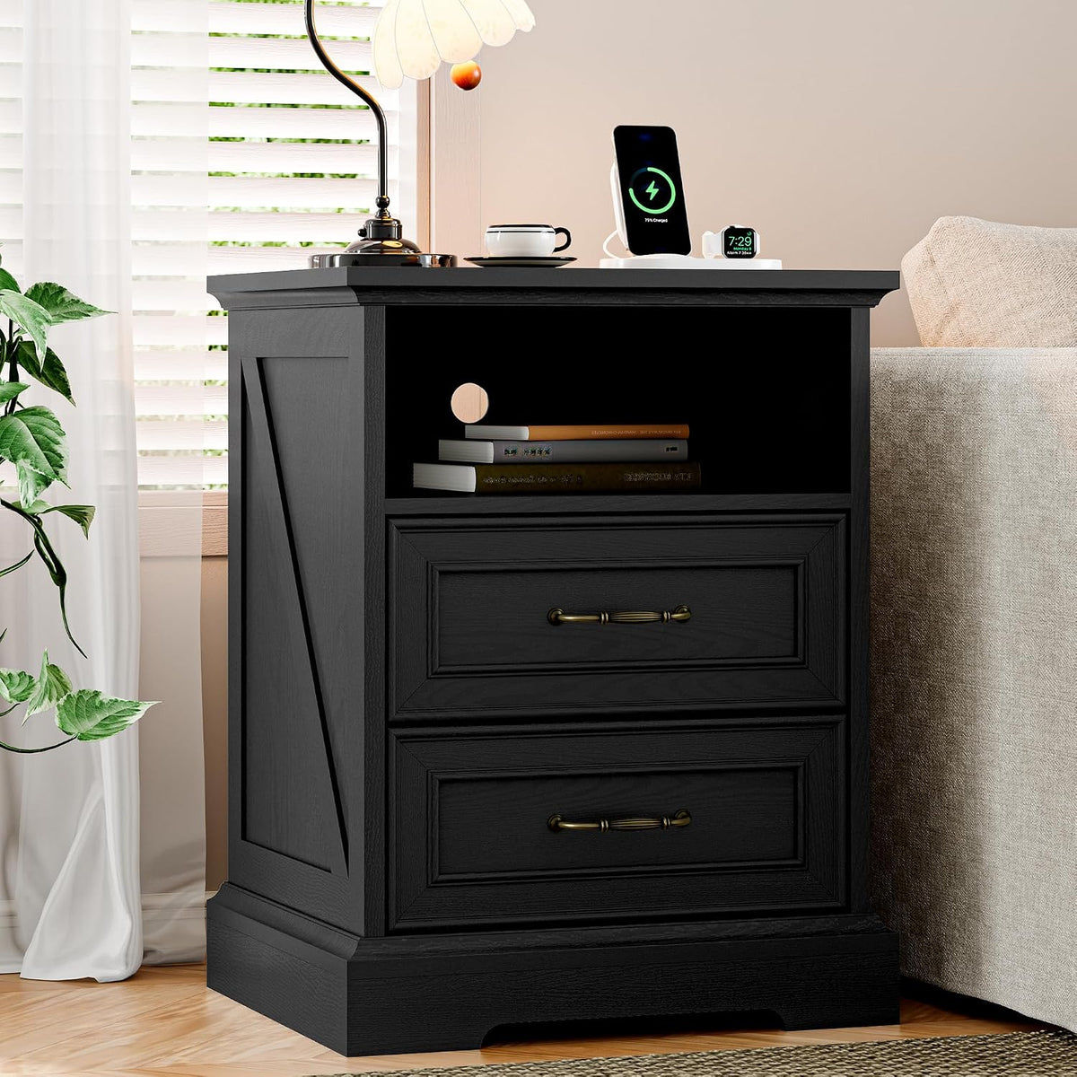 Xixini Tall Nightstand with Charging Station, Farmhouse Black Bedside Table