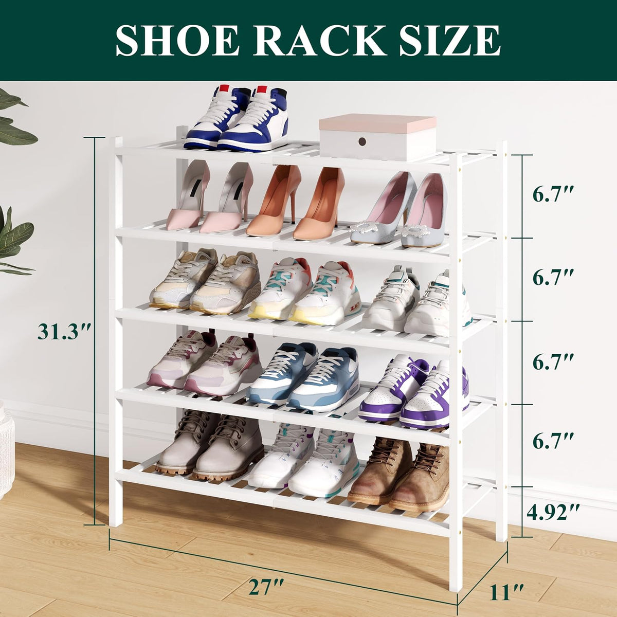Smiry Bamboo Shoe Rack for Closet, 5 Tier - 26.77" Wide, White